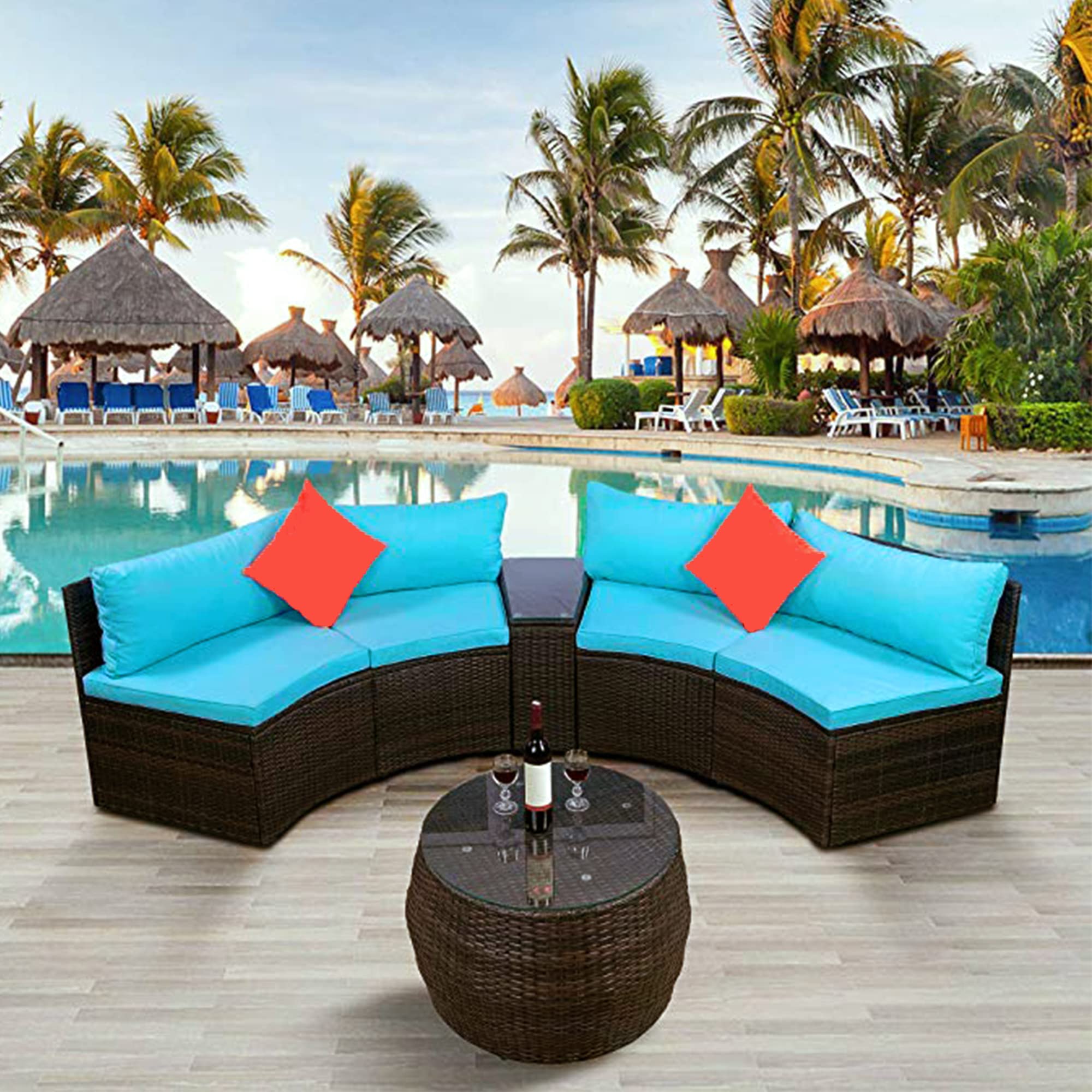 BNSPLY 4-Piece Patio Half Moon Sectional Sofa Set - Outdoor Wicker Furniture with Curved Design, Brown Rattan Conversation Set, Round Glass Coffee Table & Blue Cushions - Perfect for Backyard, Garden, Poolside or Patio Relaxation