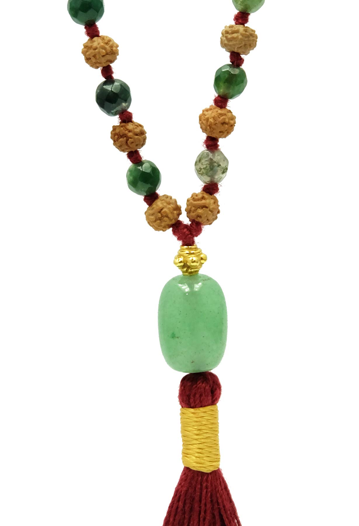 216 Rudraksha Prayer Beads with 22K Gold Plated Silver Caps - Moss Agate Crystal & Turquoise Heart Pendant for Meditation, Yoga & Spiritual Healing | Perfect Hindu Buddhist Mala Necklace