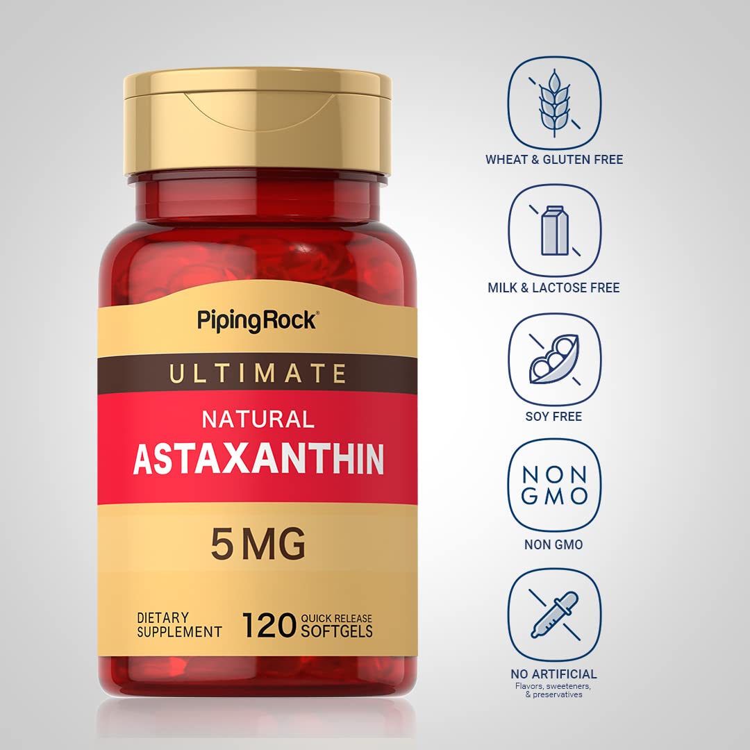 Piping Rock Astaxanthin 5mg Softgels - 120 Count | Premium Antioxidant Supplement for Skin & Eye Health | Non-GMO, Gluten Free | Supports UV Protection & Joint Health