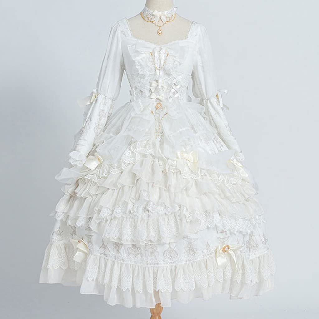 Gothic Long Sleeve Lolita Dress Vintage Style Tea Party Princess Dress - White Size L for Cosplay, Halloween, Anime Convention & Victorian Themed Events