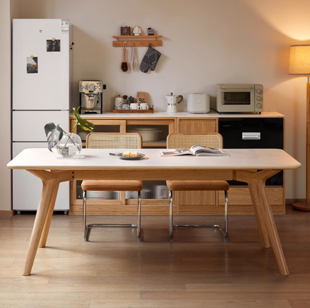 Solid Oak Wood Modern Dining Table - Rustic Farmhouse Style for Kitchen, Dining Room & Small Spaces