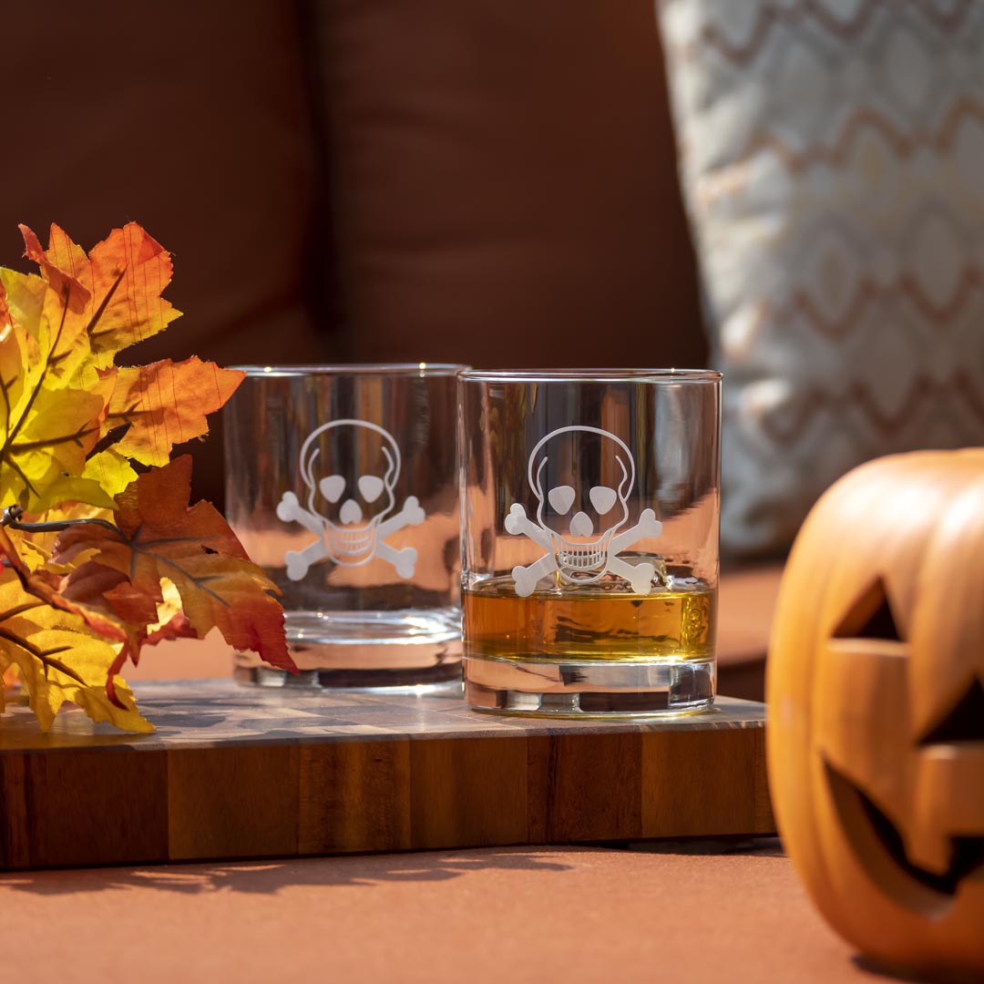 Skull and Crossbones 13oz Double Old Fashioned Glasses - Set of 12 | Perfect for Halloween Parties, Themed Bars & Whiskey Cocktails