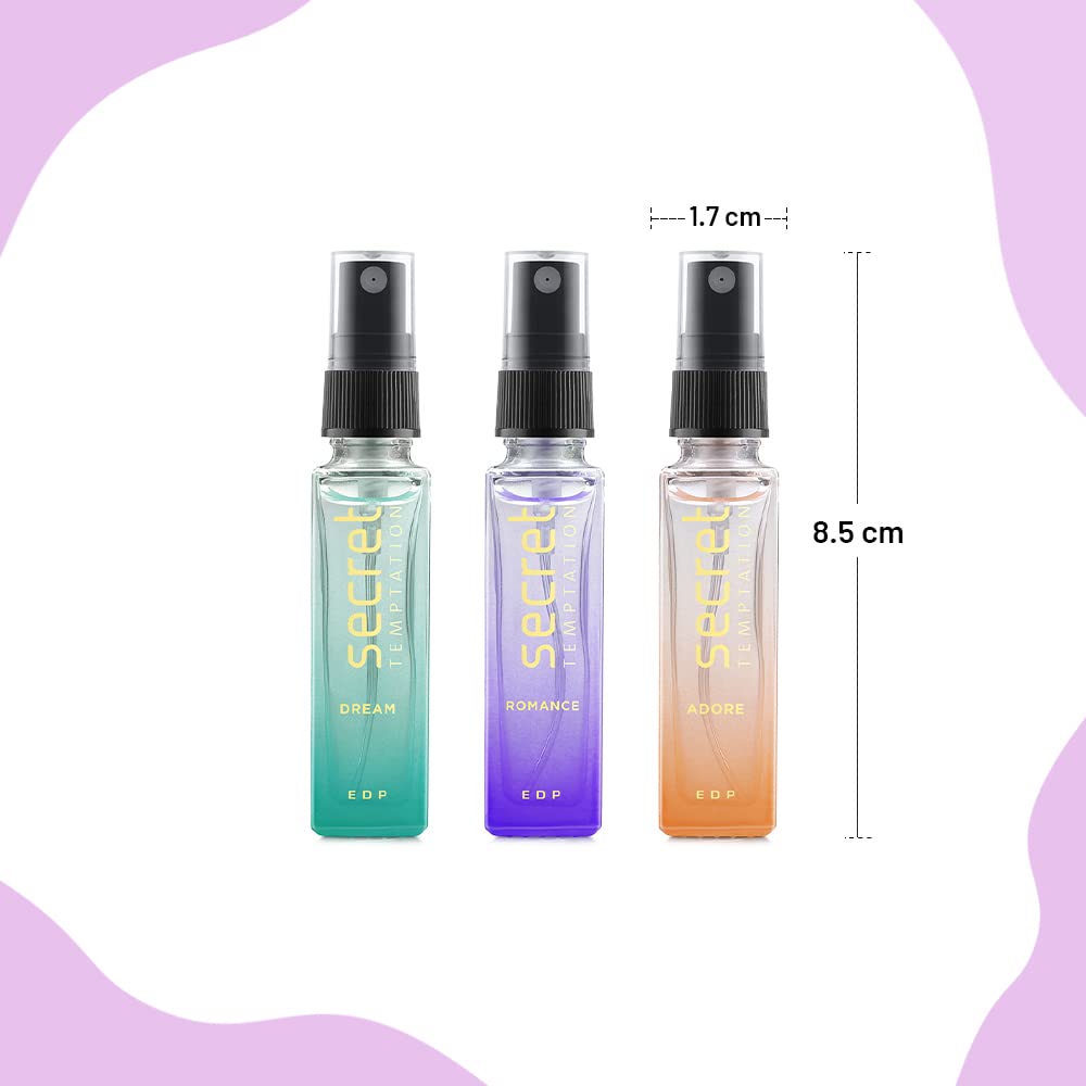 Secret Temptation Women's Perfume Gift Set - Adore, Romance & Dream Fragrances | Long Lasting Floral Scent Perfume Spray (8ml Each) | Perfect for Valentine's Day, Anniversary & Birthday Gifts