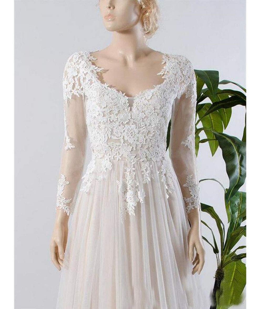 Elegant A-Line Lace Tulle Wedding Dress with Button Back & Long Sleeves - Perfect for Bridal Ceremonies, Vow Renewals & Formal Events