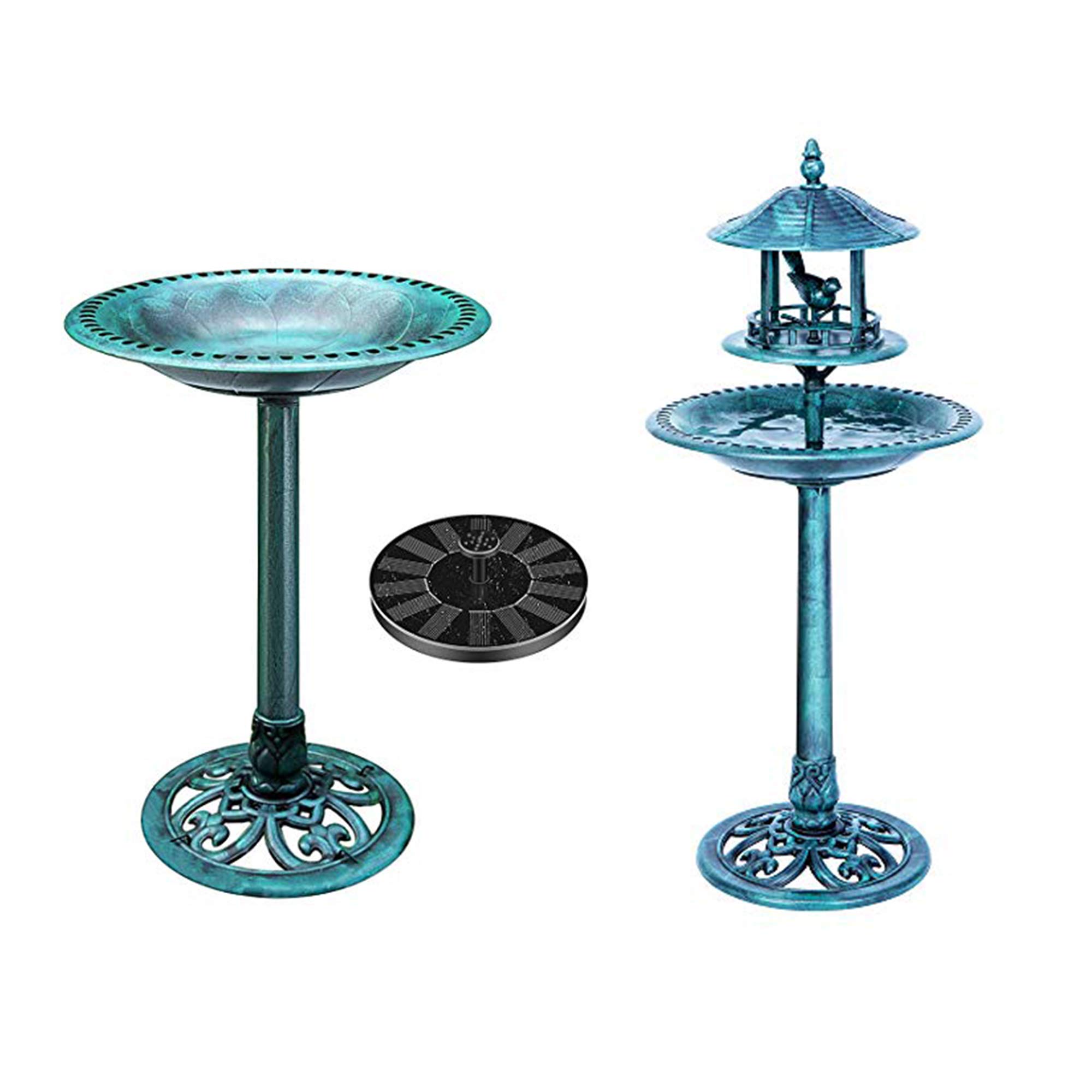 VIVOHOME Polyresin Antique Outdoor Green Garden Bird Bath with Solar Powered Round Pond Fountain & 45 Inch Pavilion - Perfect for Backyard, Patio, and Garden Decoration to Attract Birds