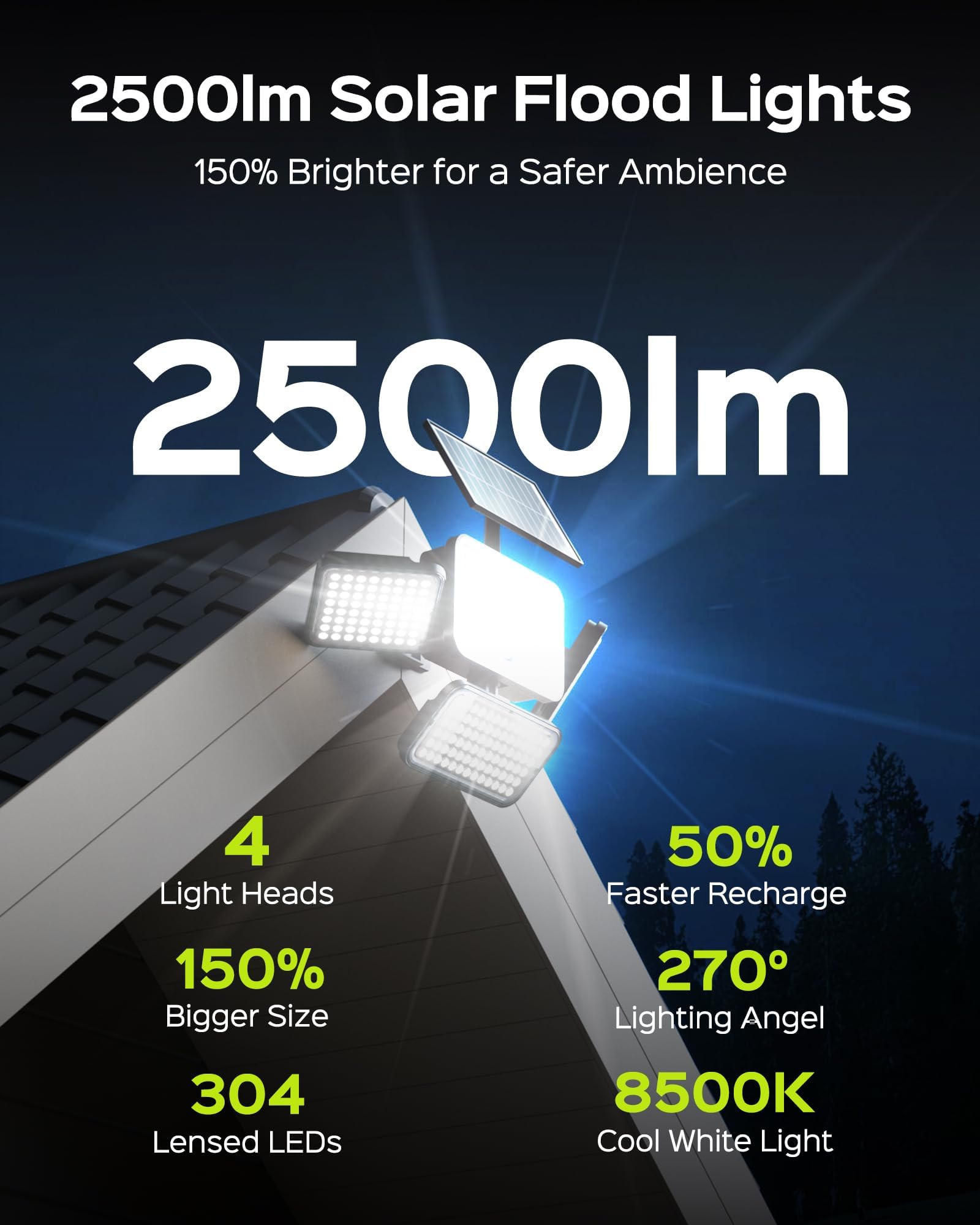 JACKYLED Solar Lights for Outside - 304 LED 8500K Bright Motion Sensor Outdoor Lights, 4 Adjustable Heads 3 Mode Solar Flood Lights, IP65 Waterproof LED Security Lights for Yard, Patio, Wall, Garden, Driveway (2 Pack)