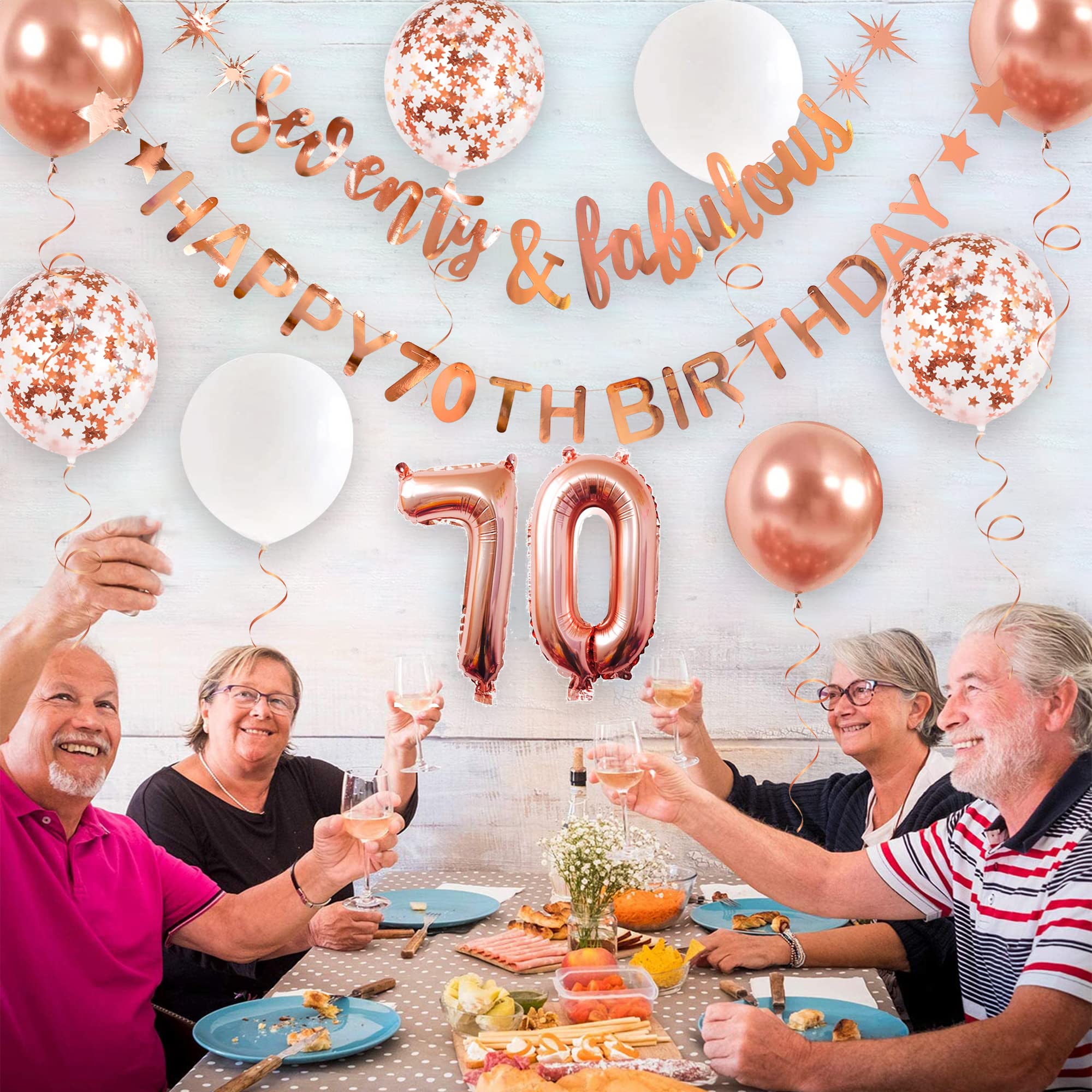 70th Birthday Decorations - Rose Gold '70 & Fabulous' Banner, Garland & Foil Balloons for Women | Cheers to 70 Years Party Supplies | Perfect for Milestone Birthday Backdrops, Hanging Decor & Celebration Photo Ops