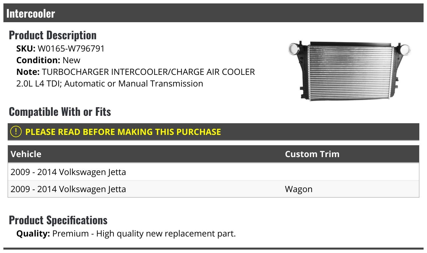High Performance Turbo Intercooler Air Cooler for 2009-2014 Volkswagen Jetta 2.0L TDI - Enhanced Engine Cooling System - Perfect for Street Racing & Performance Upgrades