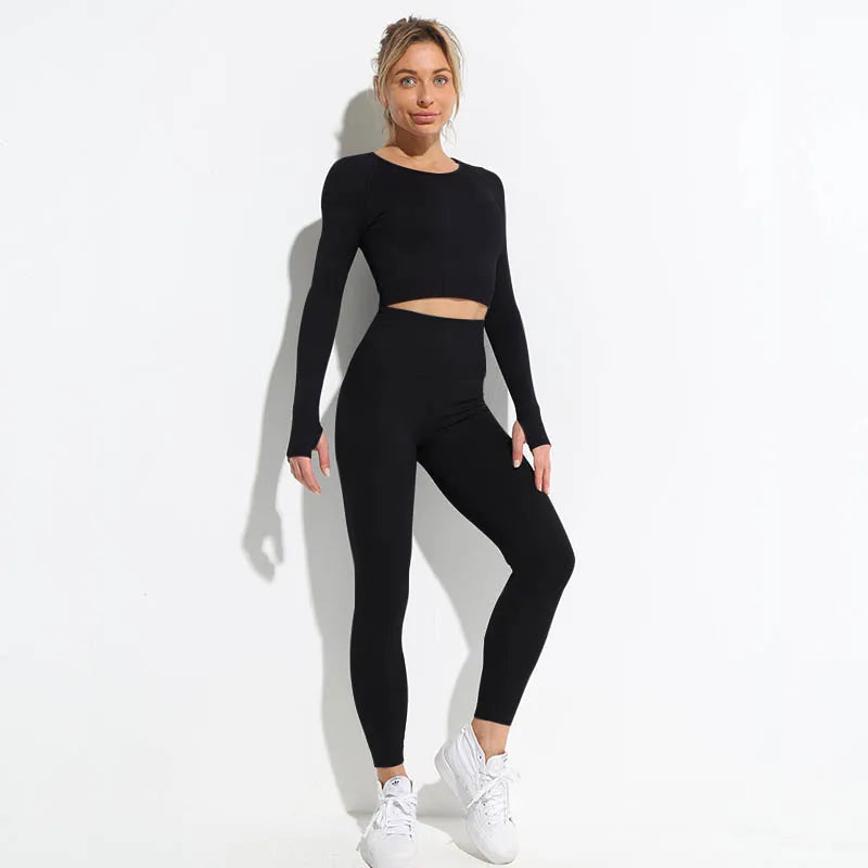 2pcs Women's Seamless Hyperflex Workout Outfits - Long Sleeve Crop Top & High Waist Leggings for Yoga, Gym & Running | Athletic Sportswear for Women | Perfect for Fitness, Training & Active Lifestyle