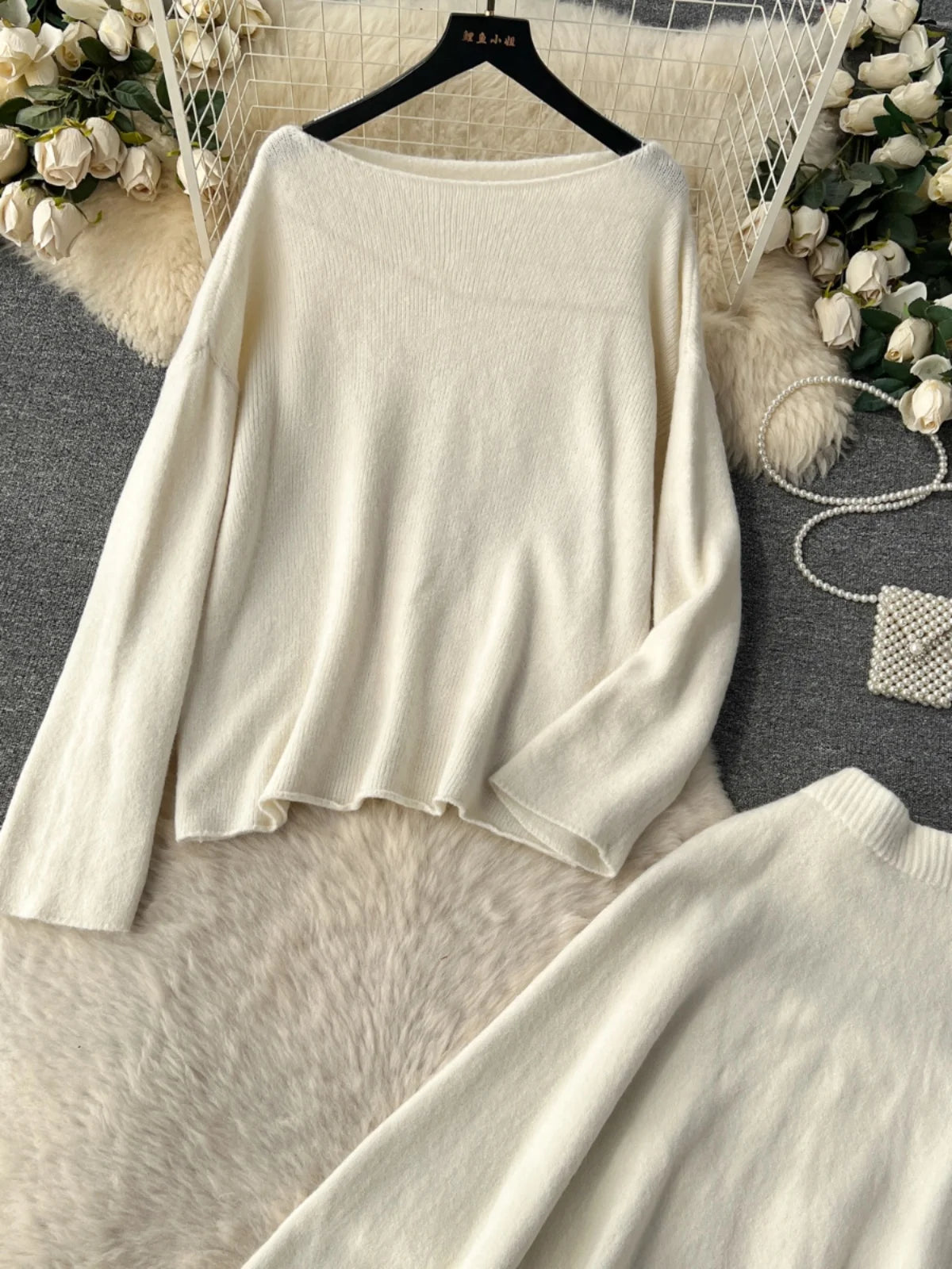Women's Autumn Winter Knit Two Piece Set - Long Sleeve Pullover Top & High Waist Midi Skirt in White & Purple | Office Wear, Casual Outfits, Holiday Party Outfits