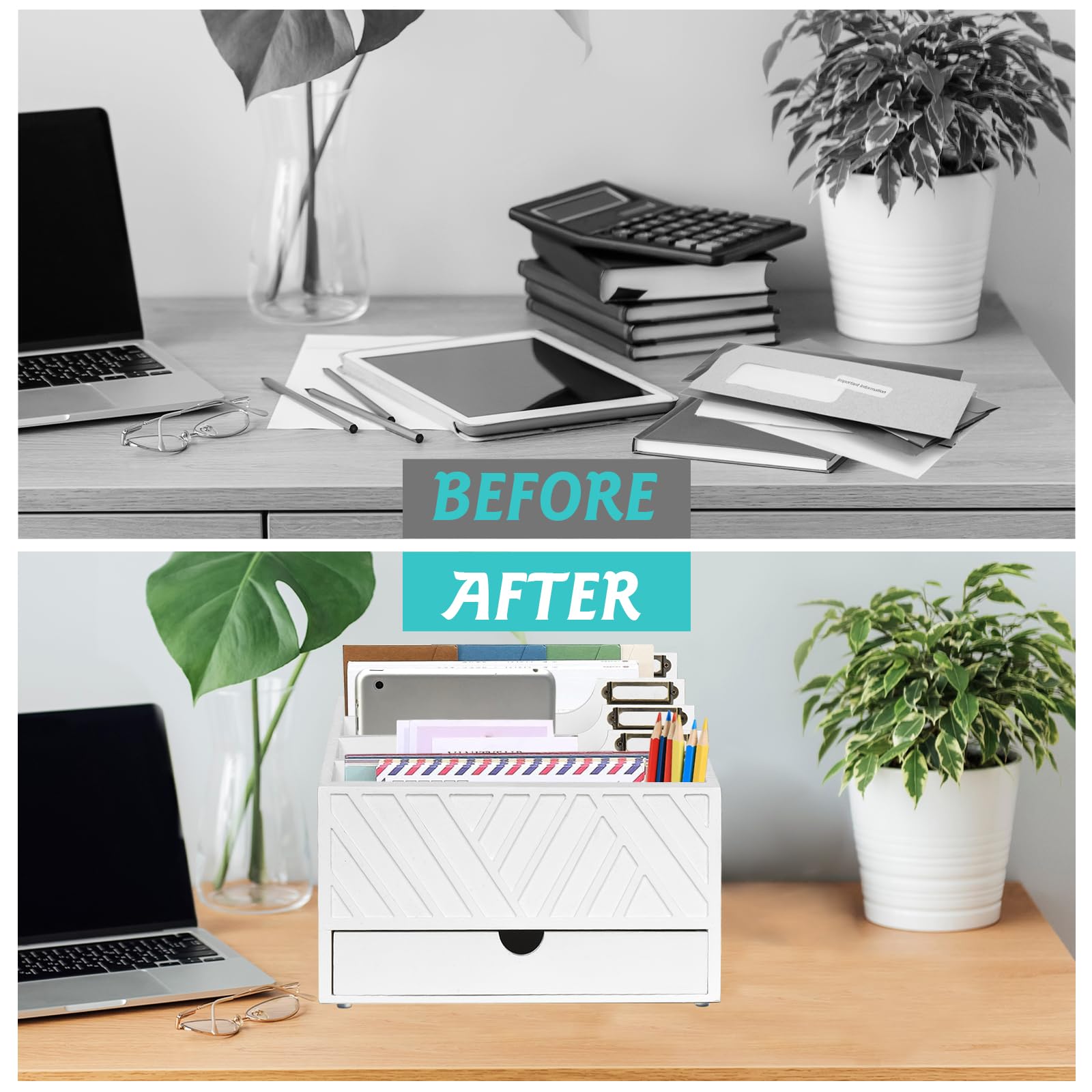 Wooden Mail Organizer with 4 Large Compartments & Drawer - Countertop Desk File Sorter for Letters, Papers, Folders - Perfect for Home Office, Mailroom & Workspace Organization