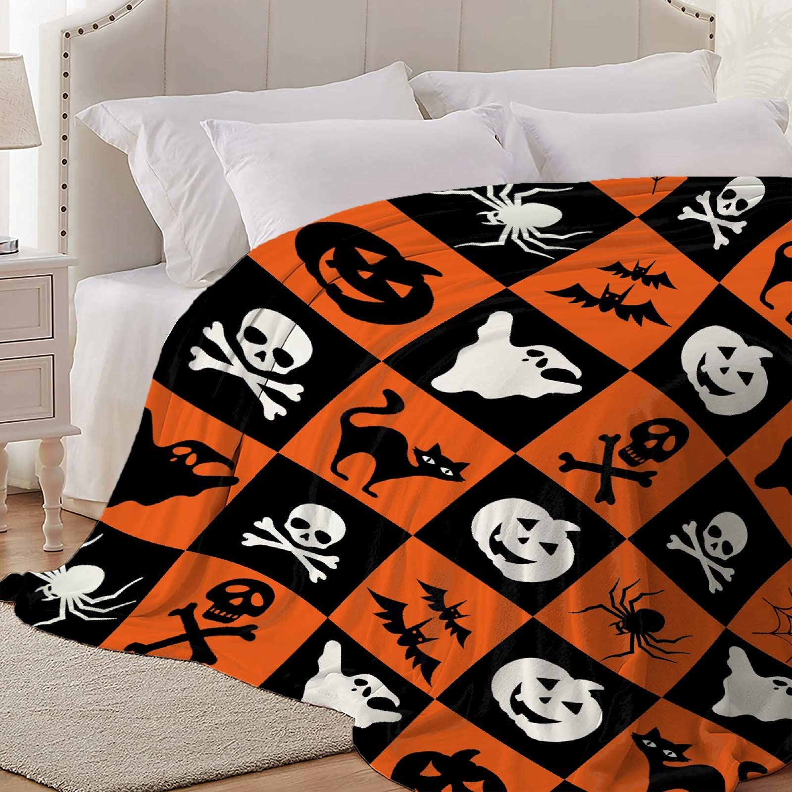 Halloween Throw Blanket - Spooky Spider Skull Web Design with Bats & Ghosts - Ultra Soft Warm Flannel Blanket (90x120 Inches) - Orange & Black Cozy Bedding for Couches, Beds, Halloween Decor - Anti-Pilling & Machine Washable - Perfect for Fall Season, Movie Nights & Holiday Gift