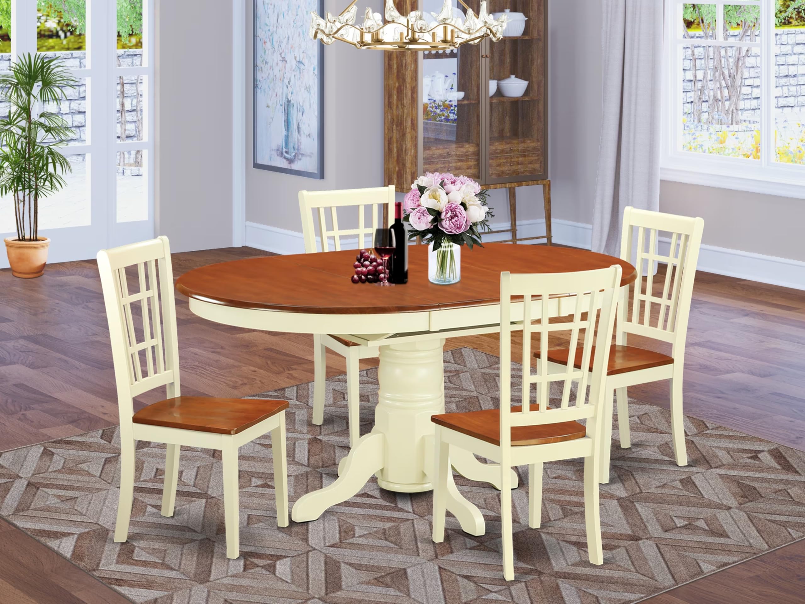 East West Furniture KENI5-WHI-W 5-Piece Dinette Set for 4 - Oval Dining Table with Butterfly Leaf & 4 Kitchen Chairs, 42x60 Inch, Buttermilk & Cherry - Perfect for Small Spaces, Breakfast Nooks & Compact Dining Rooms