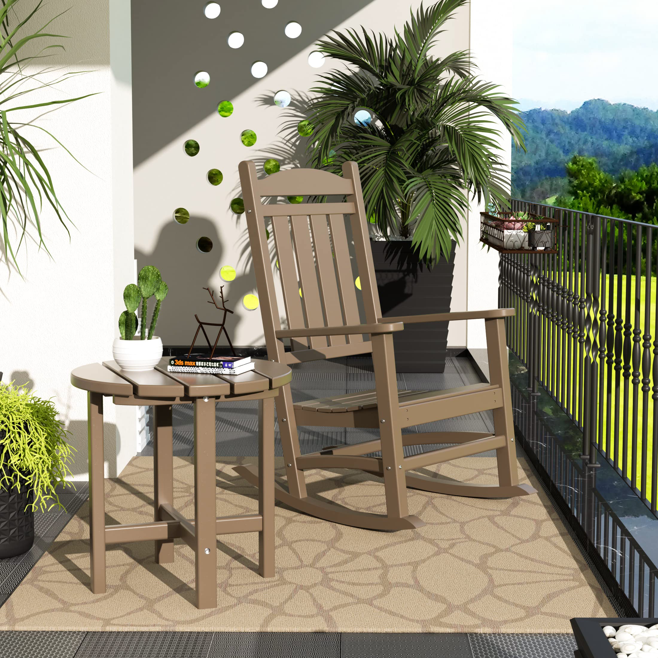 WO Home Furniture 2-Piece HDPE Outdoor Rocking Chair Set - Traditional Patio Rocking Chairs in Weathered Wood Finish - Perfect for Porch, Garden & Backyard Relaxation