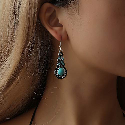 Bohemian Style Blue Stone Silver Oxidized Drop Earrings for Women | German Silver Round Dangle Earrings | Birthday Anniversary Gift for Wife, Girlfriend, Daughter | Elegant Jewelry for Party, Wedding, Date Night
