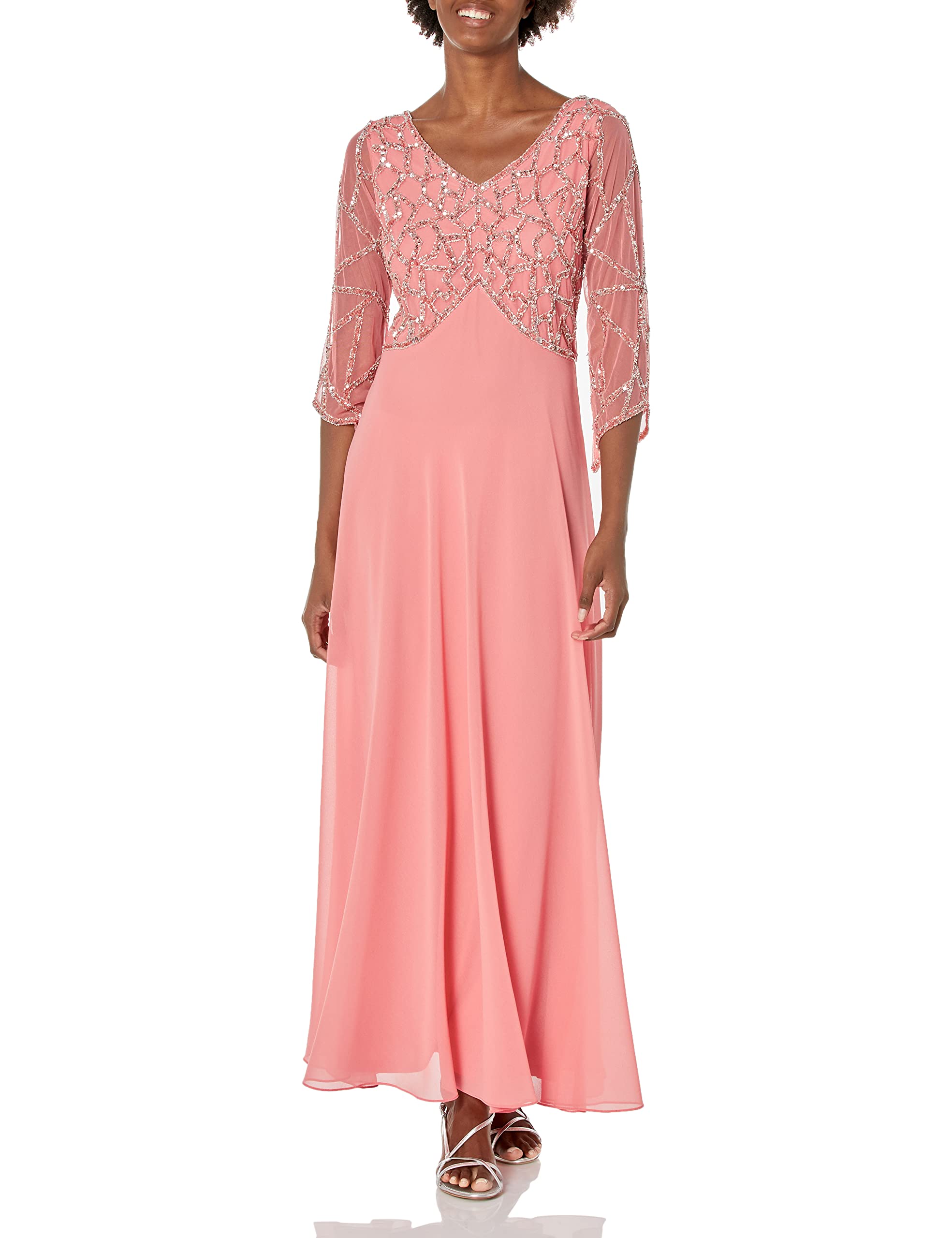 J Kara Women's Petite 3/4 Sleeve Geo Beaded Gown - Elegant Evening Dress for Prom, Wedding & Special Occasions