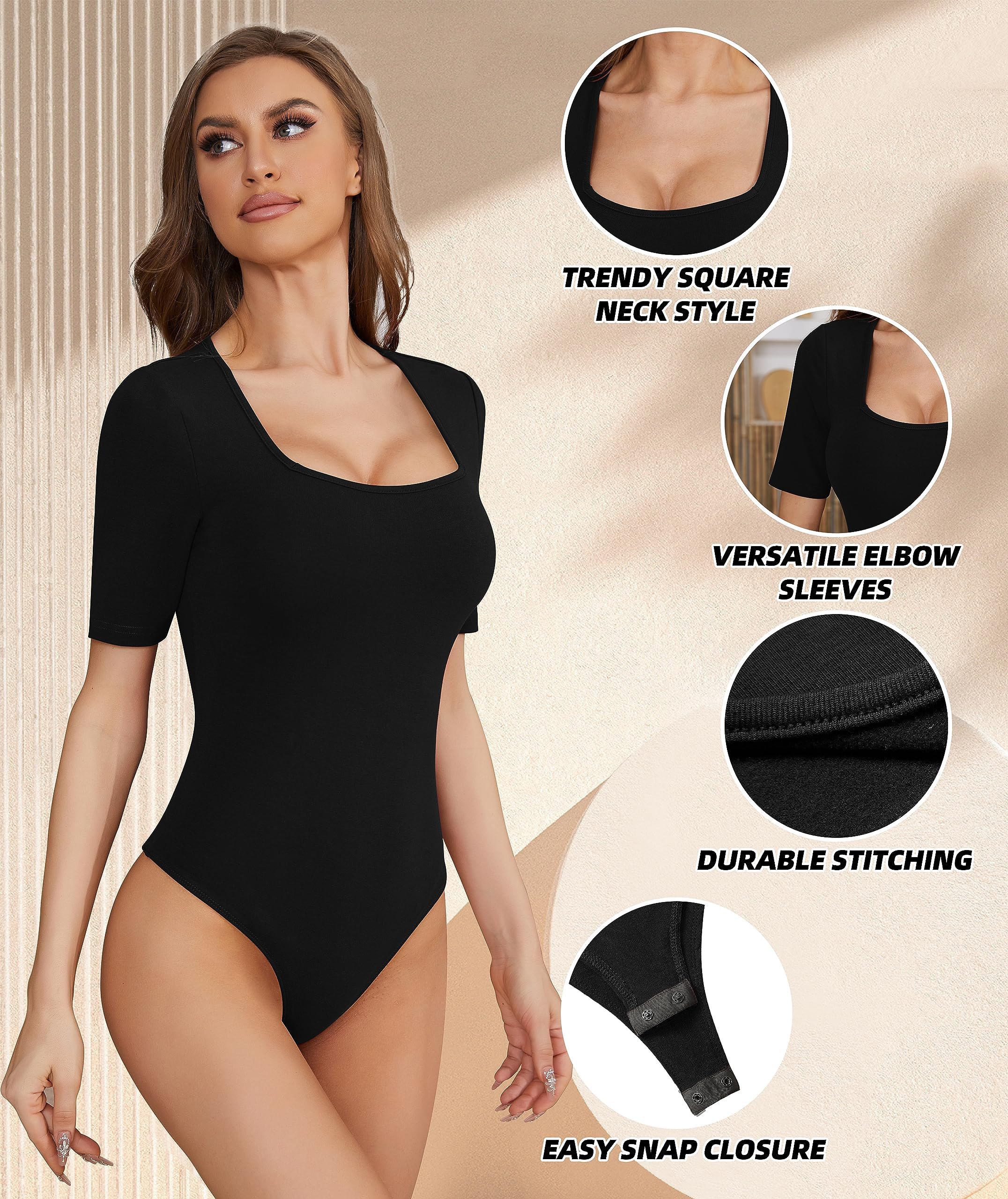 TQD Women's Square Neck Bodysuit - Short Sleeve Stretchy T-Shirt Top for Everyday Wear | Perfect for Layering, Office & Casual Outfits