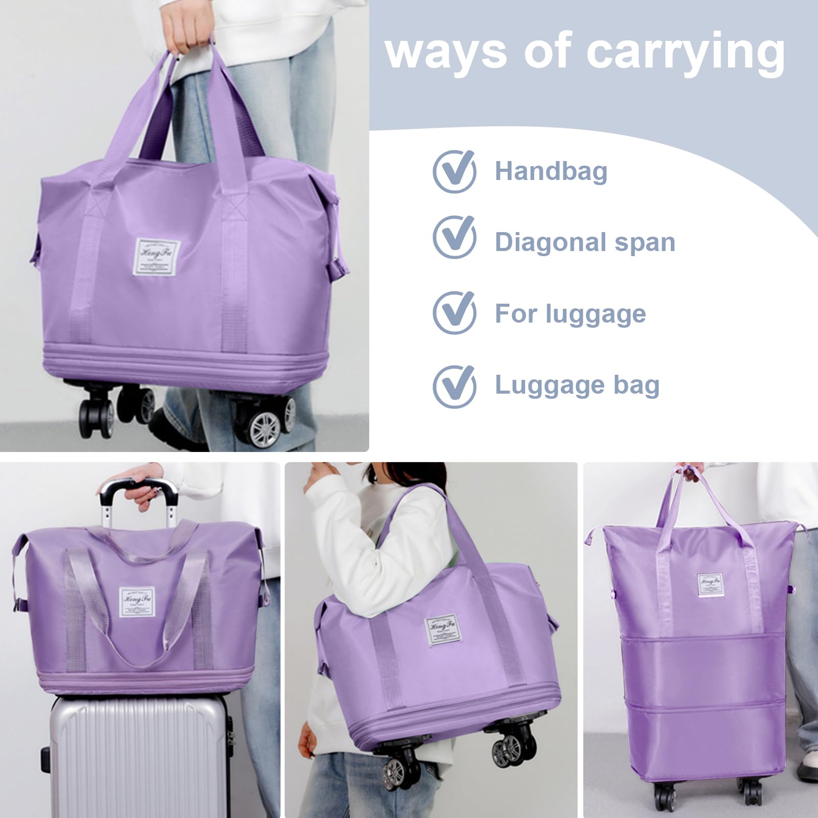 Foldable Expandable Duffel Bag with Detachable Rolling Wheels - Large Carry-on Luggage for Travel, Gym, Camping & Business Trips - Purple Travel Bag for Convenient Packing & Storage