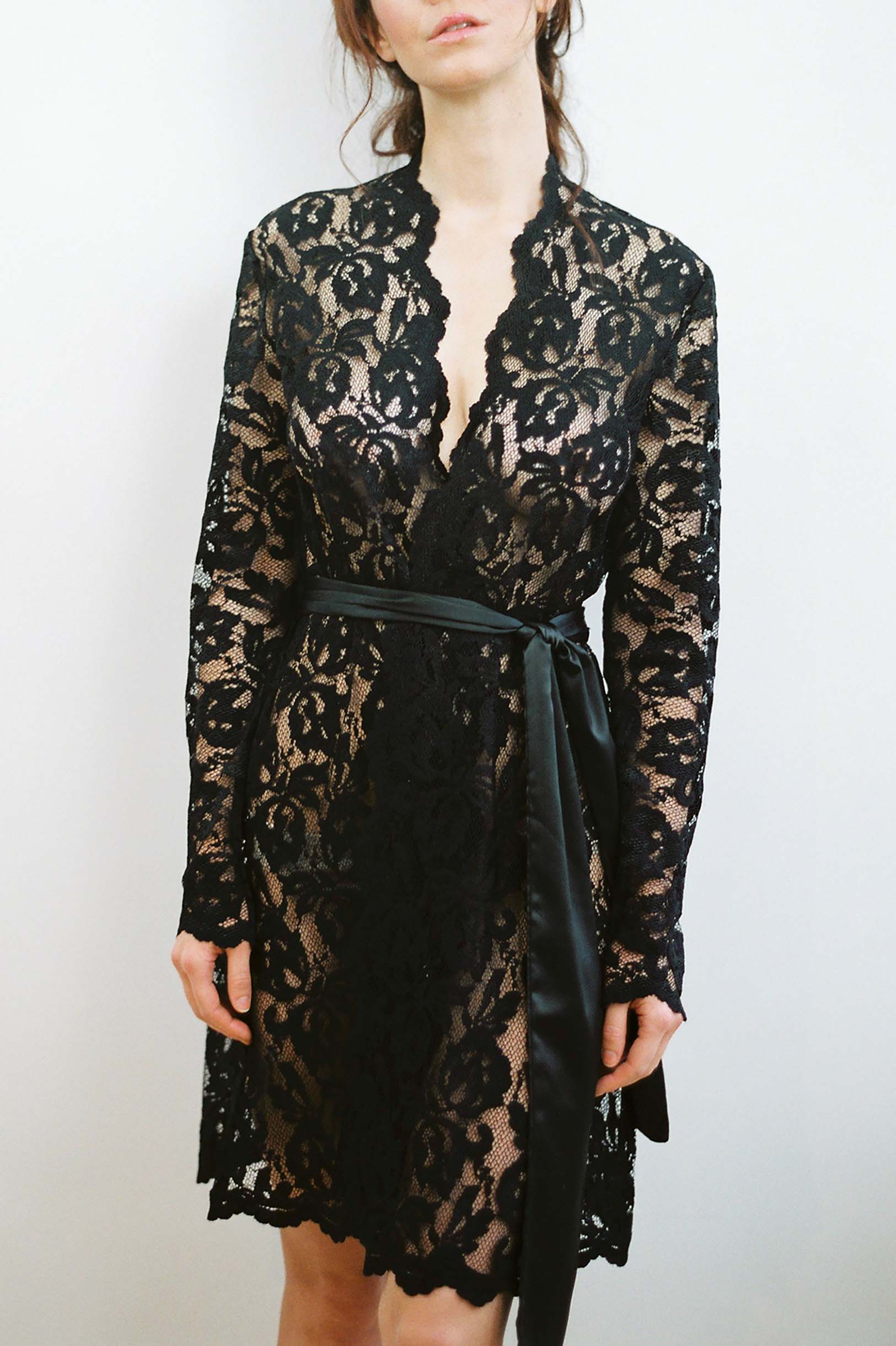 Lauren Stretch French Lace Robe in Black - Elegant Lingerie for Women | Perfect for Bridal, Honeymoon & Special Occasions