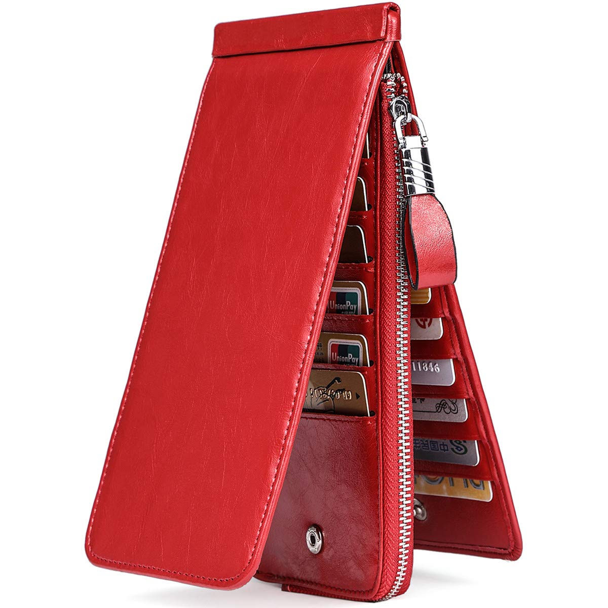 Genuine Leather RFID Blocking Women's Credit Card Holder with Long Zipper - Slim Wallet for Travel, Shopping & Everyday Use