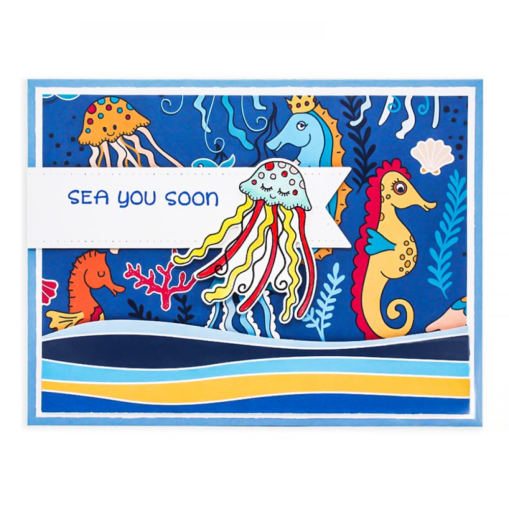 Jellyfish Conch Coral Fish Clear Stamps & Metal Die Cuts Set for Card Making, Scrapbooking DIY - Ocean Theme Paper Crafting Supplies for Invitations, Journals, Greeting Cards
