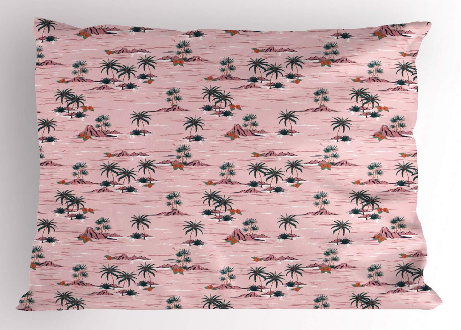 Ambesonne Hawaii Pillow Sham - Tropical Summer Design with Palms, Rocky Beach & Hibiscus Flowers - Decorative Standard Size Printed Pillowcase 26