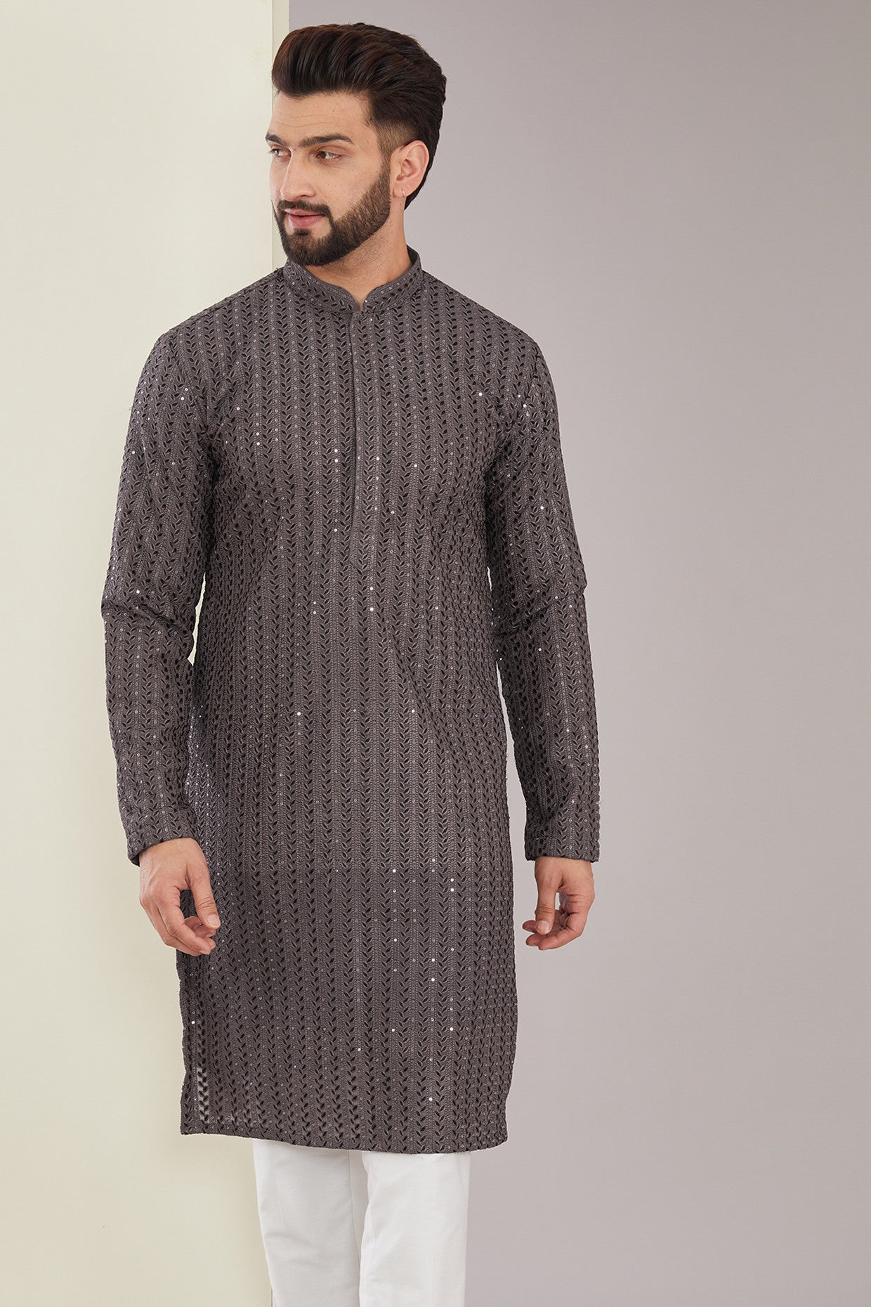 Elegant Metallic Grey Chikankari Kurta for Women - Traditional Indian Embroidered Tunic Top - Perfect for Festivals, Weddings & Special Occasions