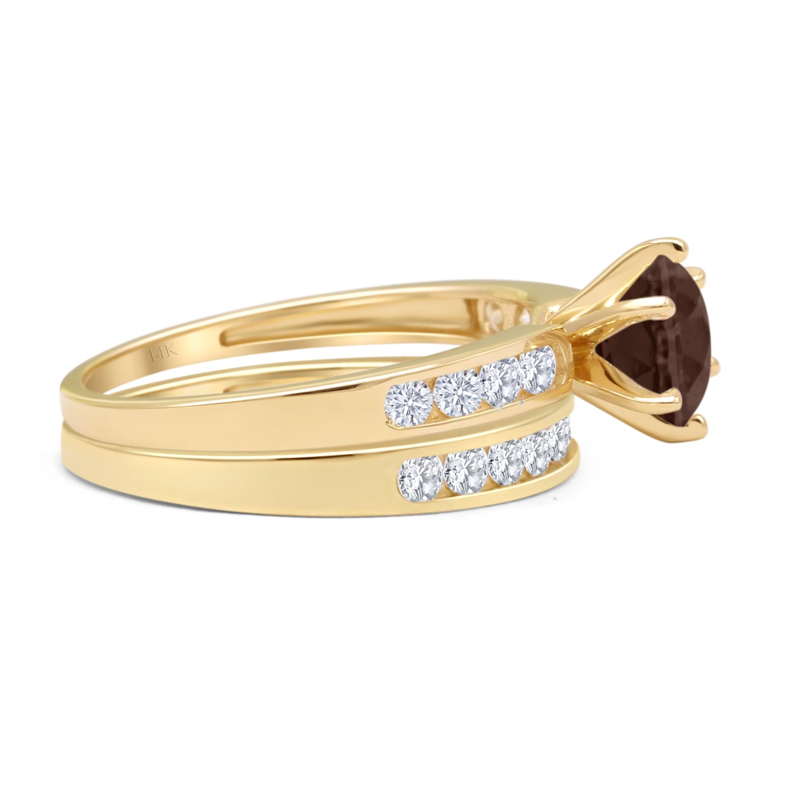 14K Yellow Gold Two Piece Half Eternity Band Ring with Round Natural Chocolate Smoky Quartz - Elegant Cathedral Setting for Wedding, Anniversary & Special Occasions