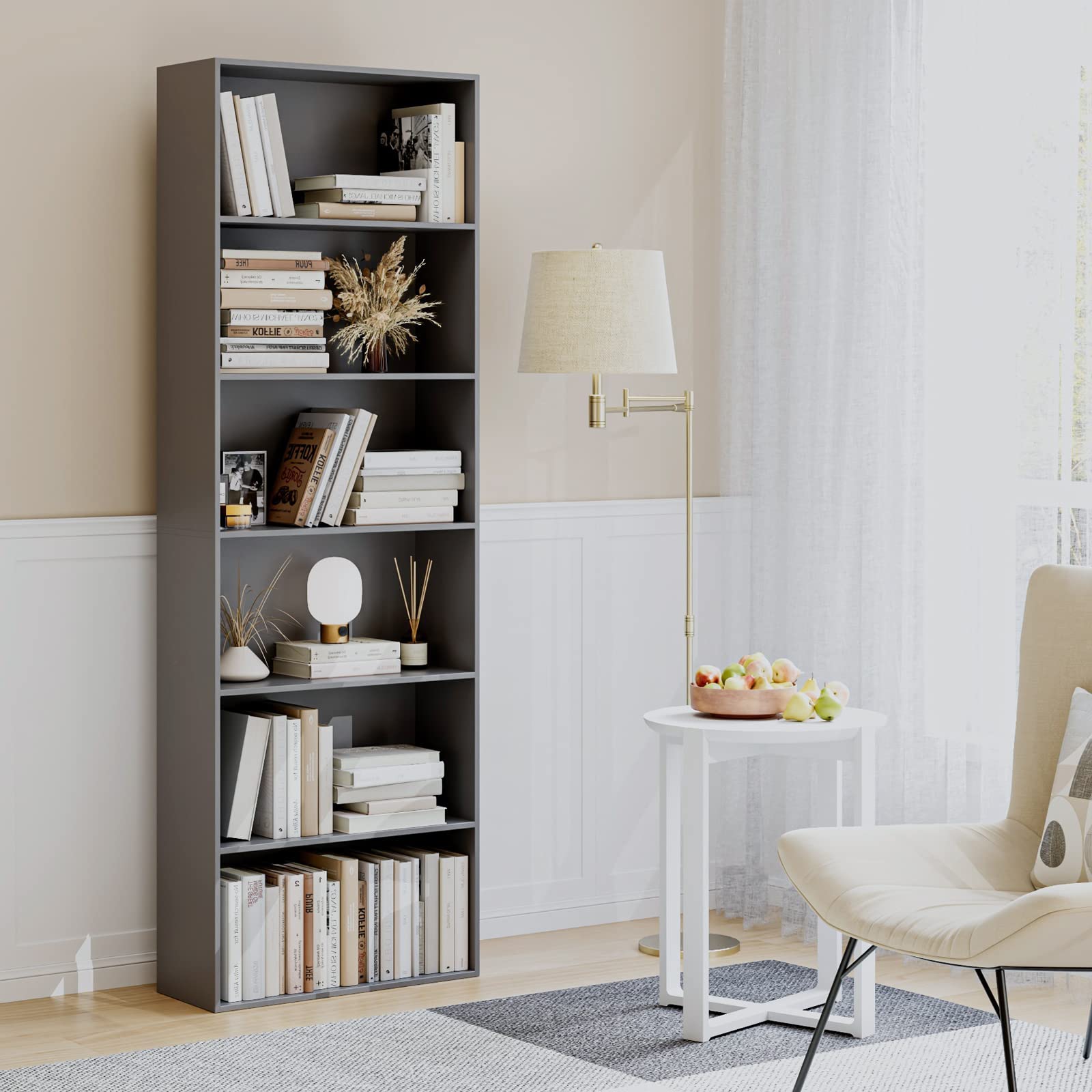 FOTOSOK 6-Tier Open Bookcase - Freestanding Bookshelf for Bedroom, Living Room & Office - Dark Gray Display Storage Shelf - Perfect for Organizing Books, Decor & Essentials in Home or Workspace
