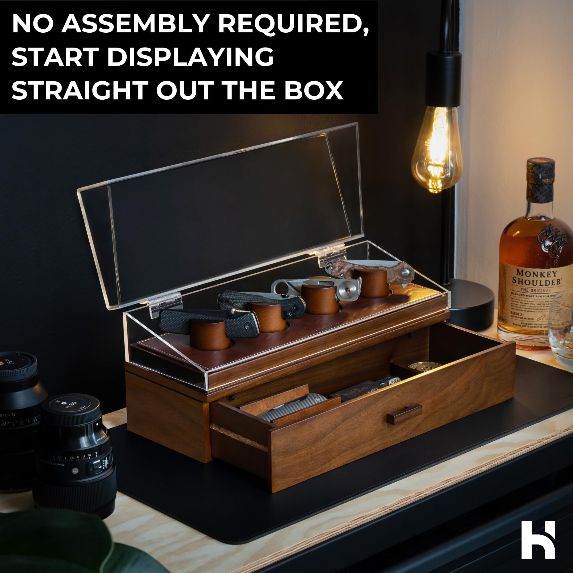 Holme & Hadfield Luxury Wooden Knife Display Case - Holds 6-10 Pocket Knives - Premium Knife Organizer with Drawer for Collectors - Perfect for Home, Office, or Gift Giving