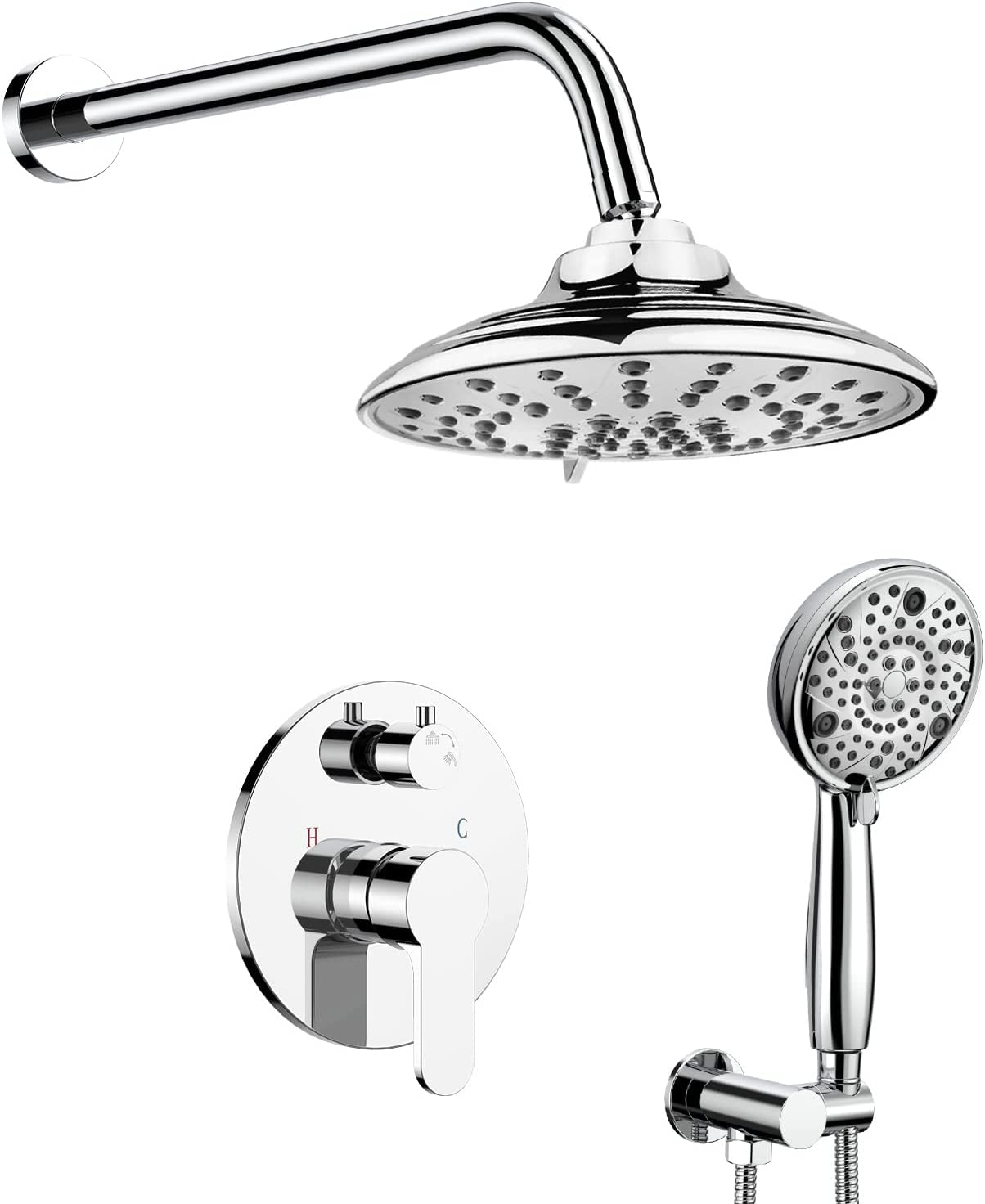 EMBATHER 3-Setting High Pressure Shower Faucet Set with Wall Mount Rainfall Shower Head & 8-Mode Handheld Spray - Polished Chrome Finish for Bathroom, Spa, and Luxury Home Use