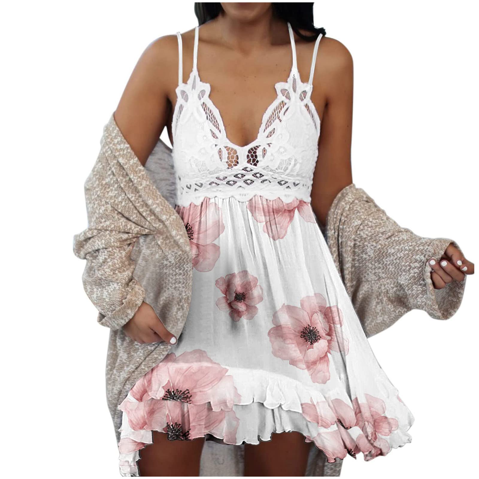 Women's Summer Dress - V Neck Adjustable Spaghetti Strap Lace Mini Skater Dress, Sleeveless Flowy Swing Short Dress for Beach, Party & Casual Wear