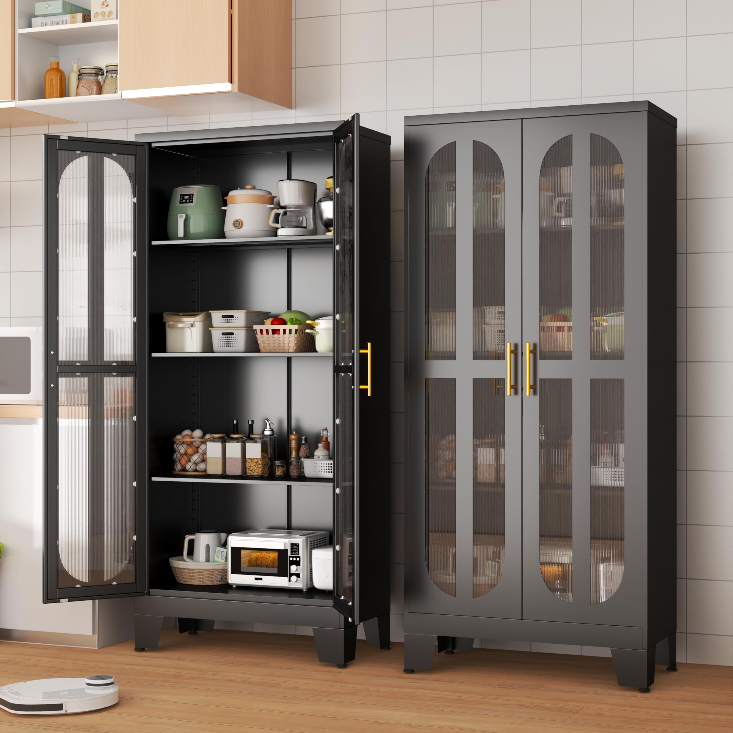 Stainless Steel Pantry Cabinet with Acrylic Glass Doors & Adjustable Shelves - 61 Inch Tall Kitchen Storage Organizer for Food, Dishes & Supplies - Perfect for Modern Kitchens, Dining Rooms & Laundry Rooms