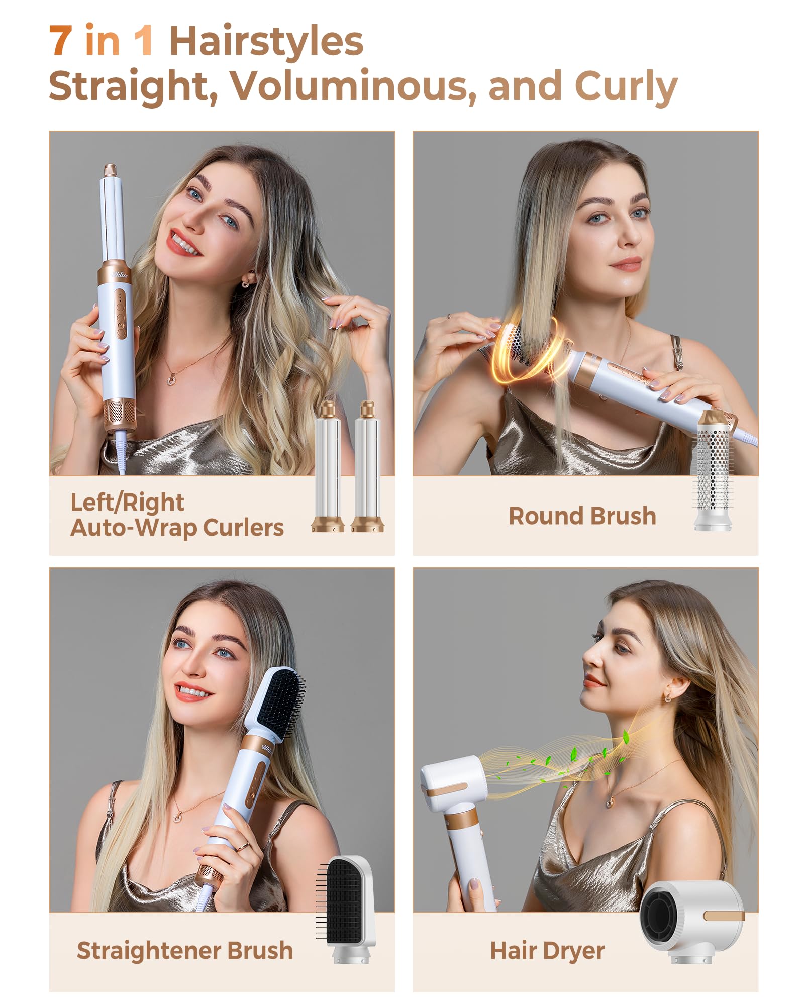 UKLISS Professional Ionic Hair Dryer Brush - 110,000 RPM Hot Air Styler, 7-in-1 Multifunctional Blow Dryer & Curler for Straight, Wavy & Curly Hair | Salon Quality Styling Tool with Negative Ion Technology (White Gold) | Perfect for Home Use, Travel & Salon Styling