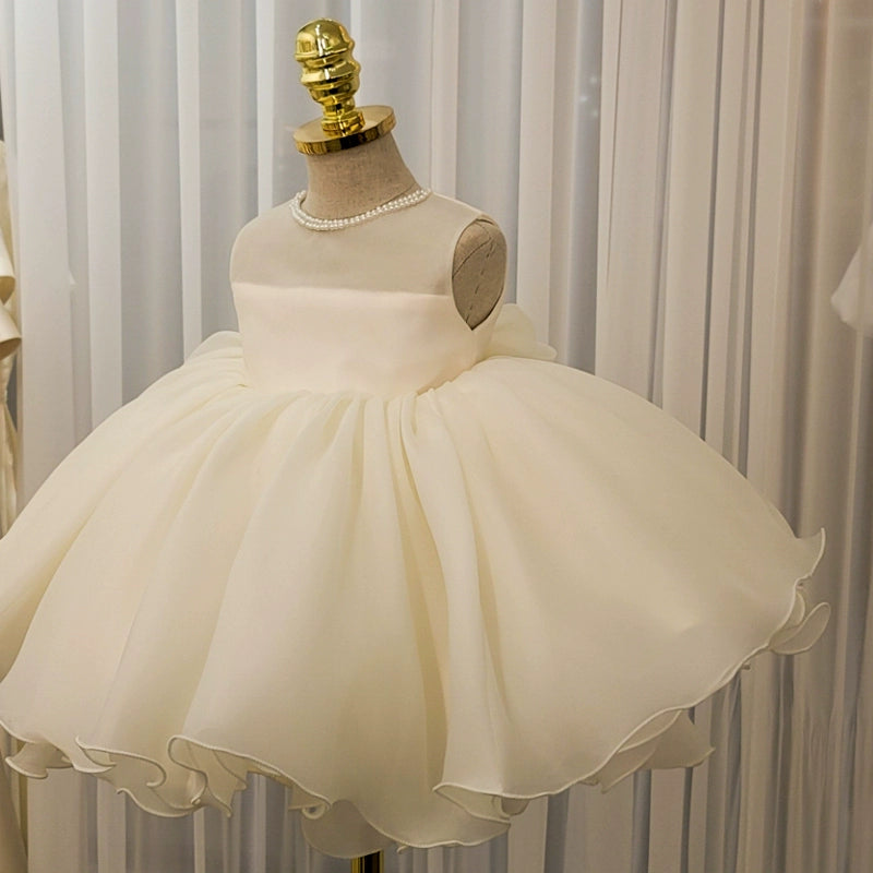 Princess Round Neck Tea Length Organza Flower Girl Dress - White for Weddings, Bridal Party, and Special Occasions