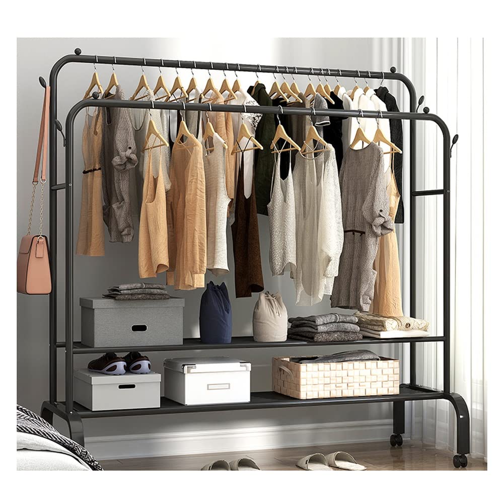 Freestanding Rolling Clothes Rack with Wheels & Double Rails - Heavy Duty Garment Rack with Shelves for Bedroom, Open Wardrobe, Coat Storage (Black, 146x45x157cm) - Perfect for Small Spaces, Apartments & Closet Organization