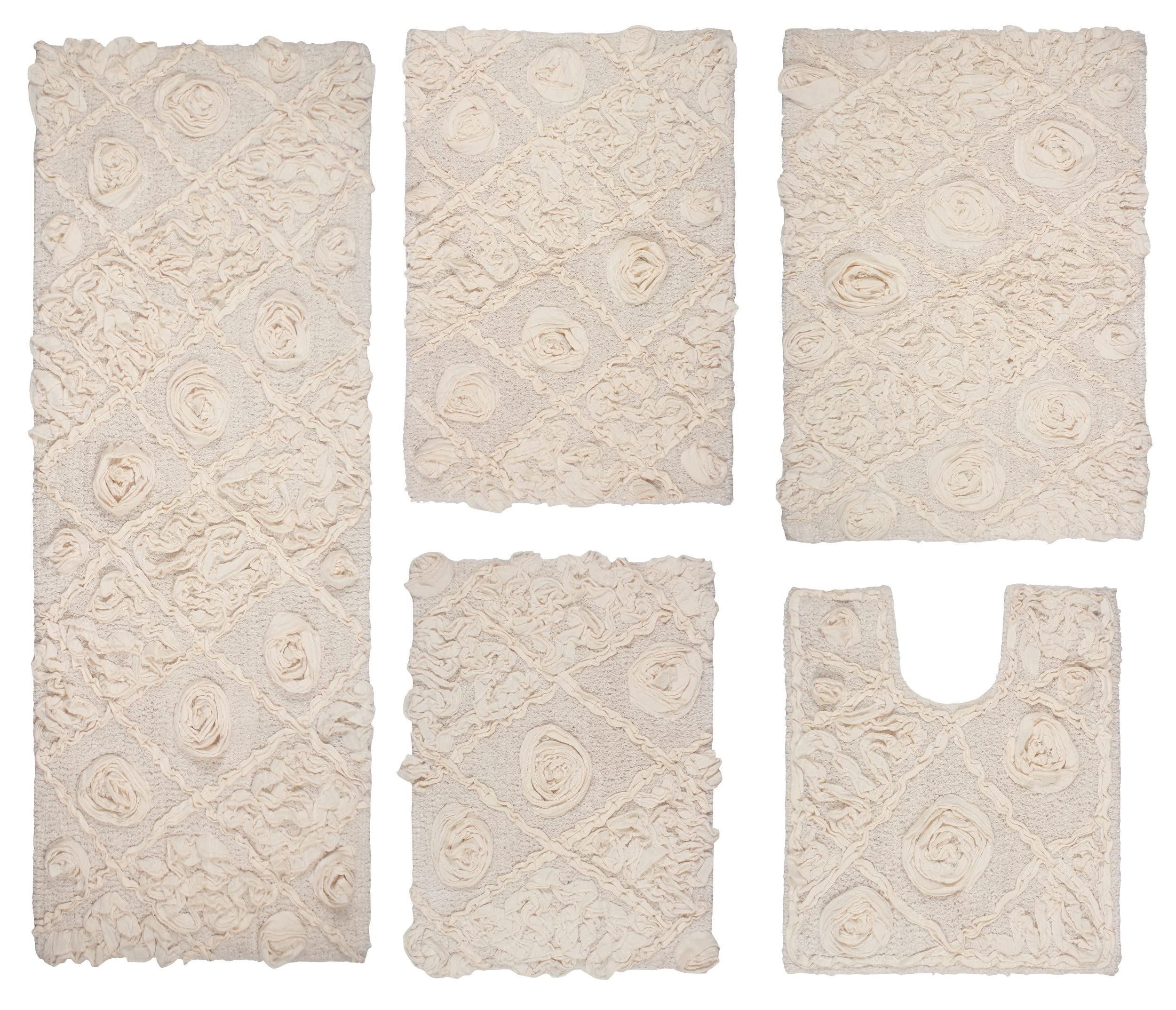 Premium 100% Cotton Bath Rug Set - 5 Piece Non-Slip Washable Bathroom Mats with Contour | Ultra Soft & Absorbent Ivory Bath Mats for Bathroom & Kitchen Floor | Perfect for Master Bath, Guest Bath & Laundry Room