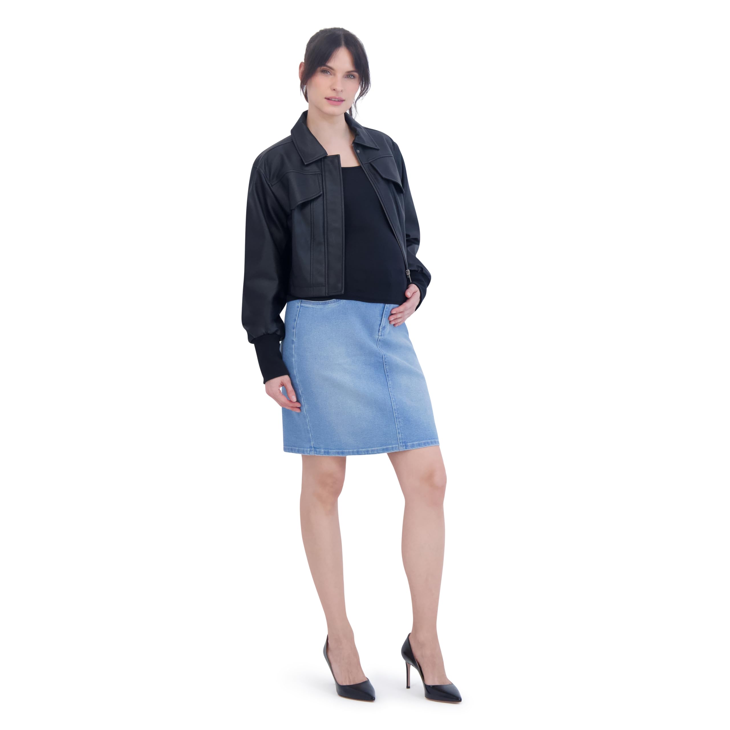 Savi Parker Denim Maternity Pencil Skirt with Pockets - Stretch Comfort Fit Pregnancy Jean Skirt for Work, Casual & Special Occasions