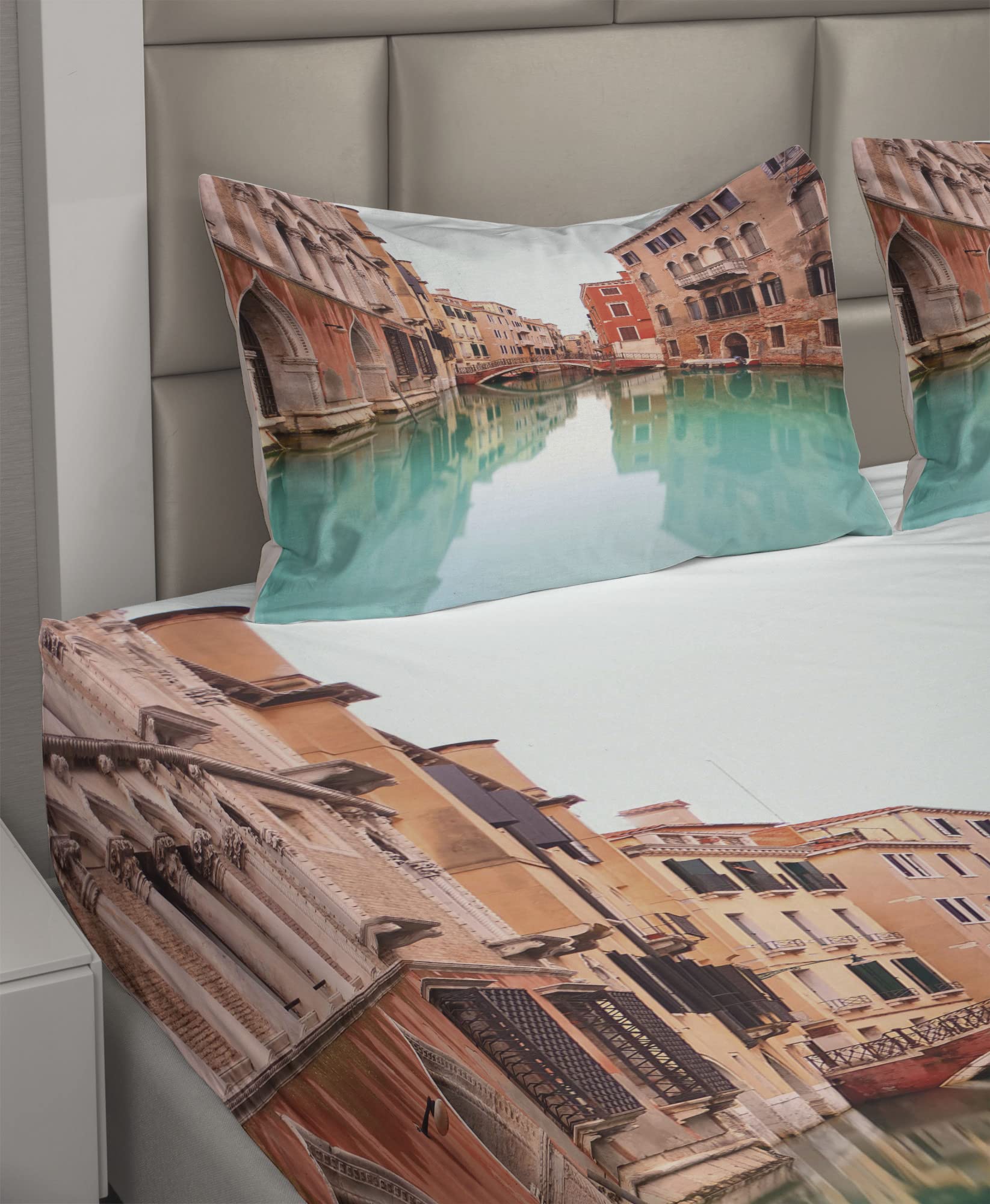 Ambesonne Venice 4-Piece King Sheet Set - Turquoise Cinnamon Water Canal & Bridge Venetian Architecture Design with Boat | Luxury Bedding for Master Bedroom, Guest Room & Vacation Homes