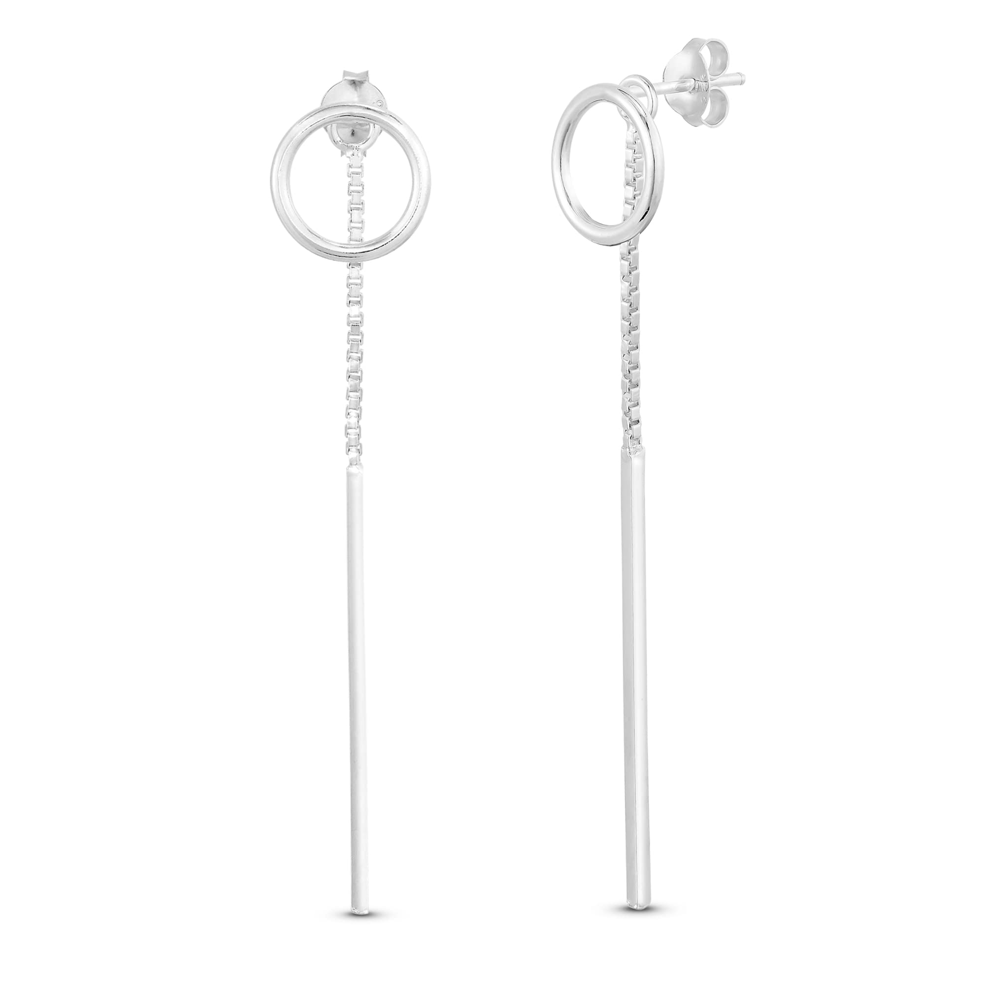 AeraVida .925 Sterling Silver Minimalist Drop Dangle Earrings for Women - Modern Circle Design with Long Thread Box Chain | Perfect for Everyday Wear, Office & Special Occasions