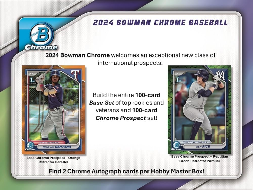 2024 Bowman Chrome Baseball Hobby Box - 12 Packs with Autograph & Rookie Cards - Collectible Trading Cards for MLB Fans & Sports Memorabilia Enthusiasts - Perfect for Gift Giving, Card Shows, and Fantasy Baseball Collections