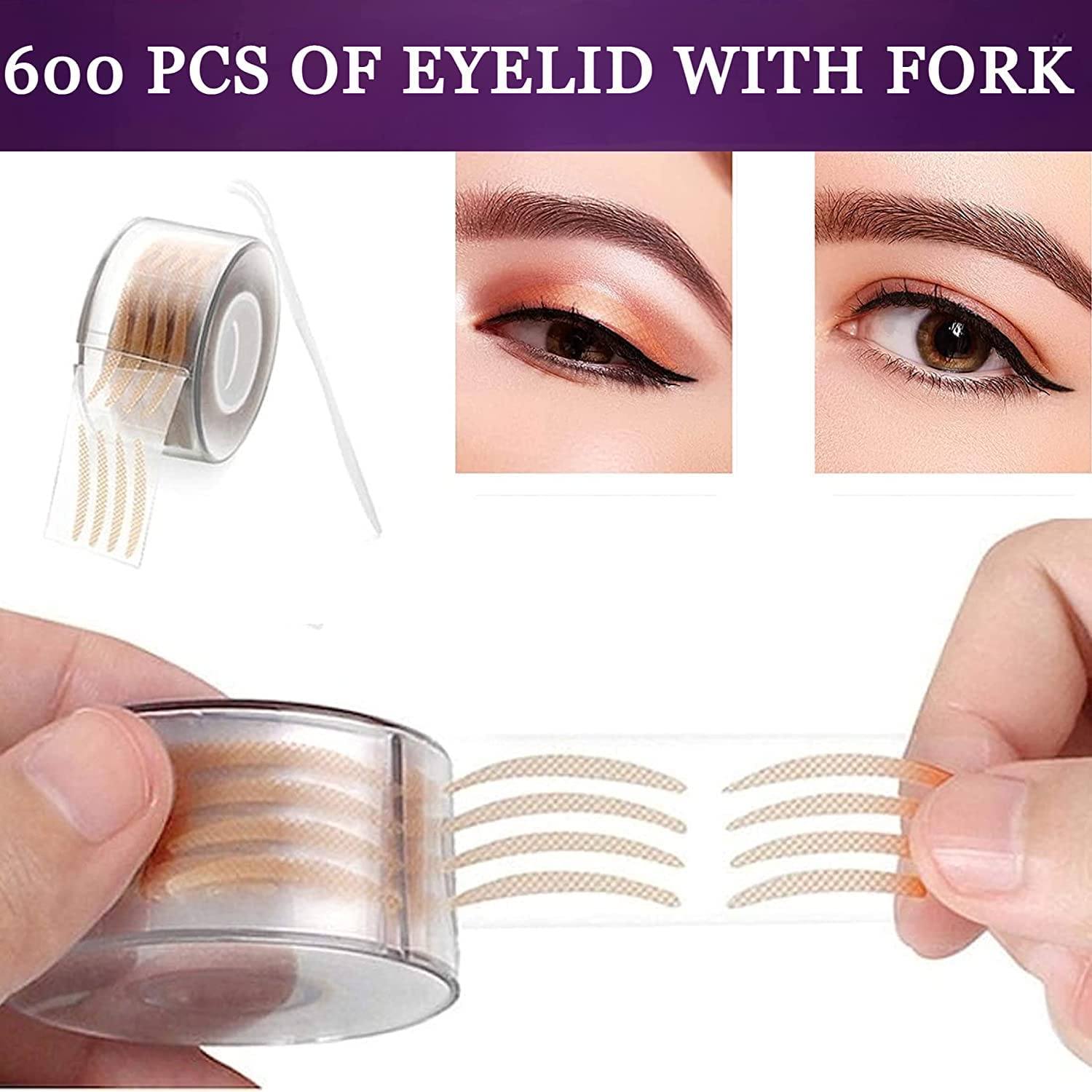 BONDWET 600 Pairs Invisible Waterproof Eyelid Tape for Double Eyelid & Hooded Eyes - Makeup Sticker Strips with Fork Tool for Natural Eye Enhancement | Perfect for Daily Makeup, Cosplay & Photography