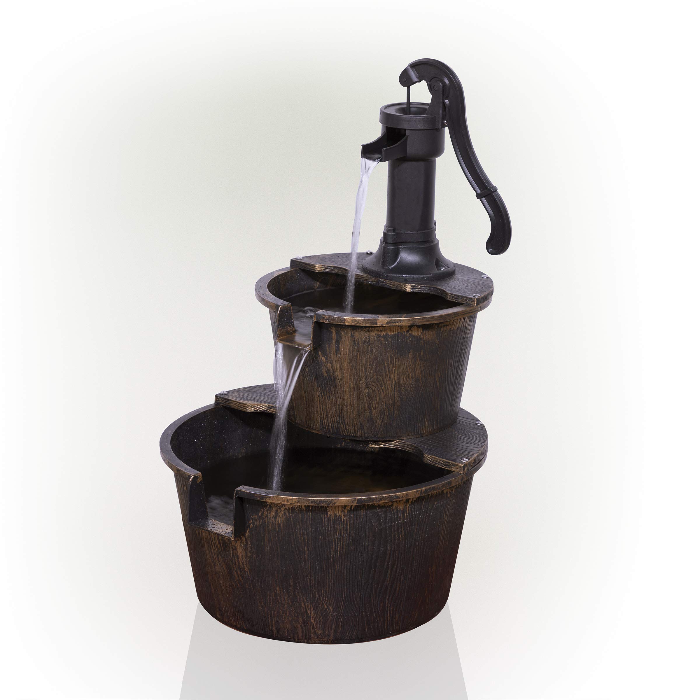 Alpine Corporation 3-Tier Barrel Waterfall Fountain with LED Candles - Indoor/Outdoor Tabletop Water Feature for Home, Garden, and Office Decor