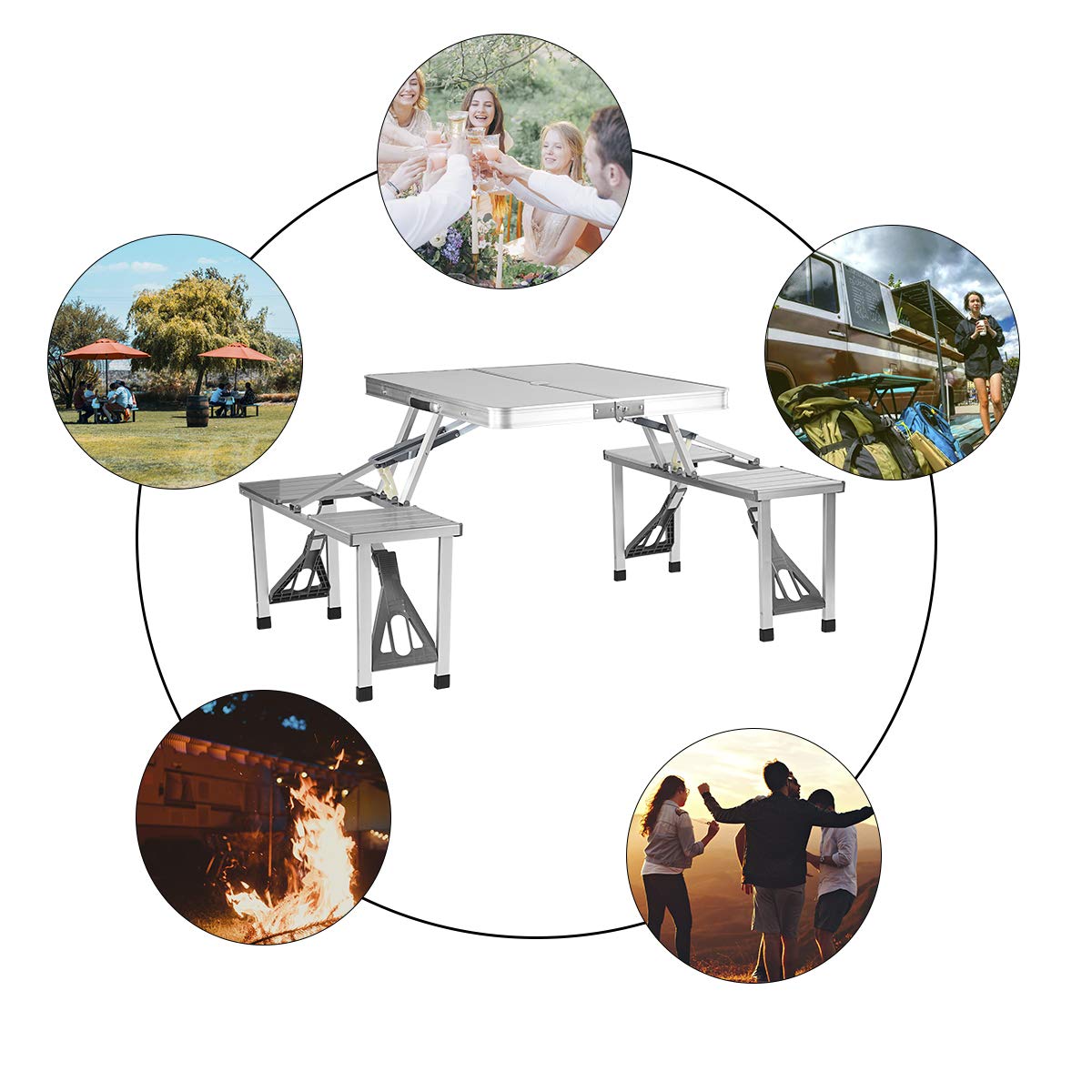Portable Aluminum Folding Picnic Table with 4 Seats & Benches - Lightweight Camping Table for Indoor & Outdoor Use - Perfect for Backyard BBQs, Beach Parties, and Tailgating Events