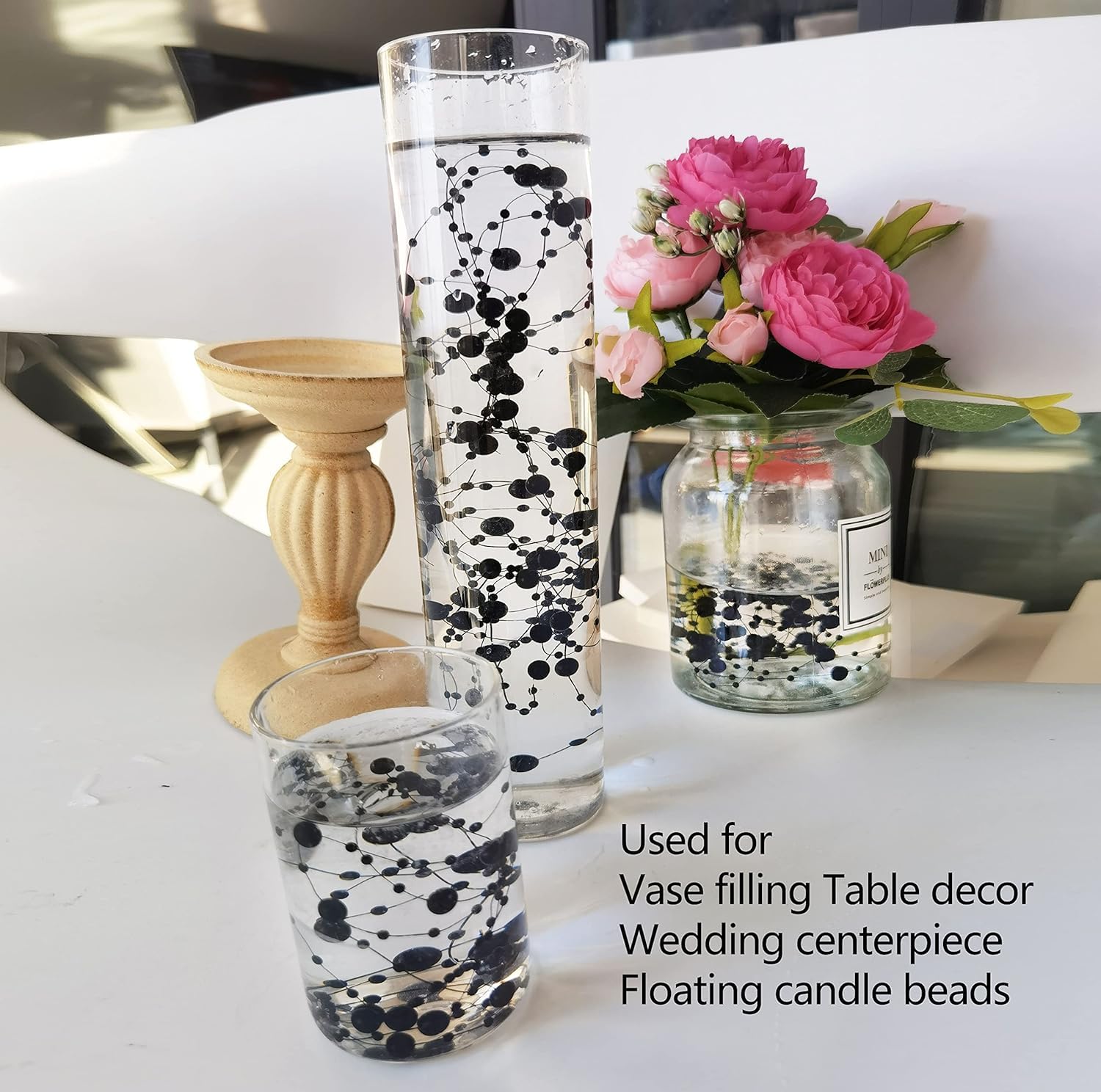 50 Pcs Black Faux Pearl Beads String - Elegant Vase Filler & Floating Candle Centerpiece for Wedding, Party & Home Decor - Perfect for Table Scatter, DIY Crafts & Event Styling