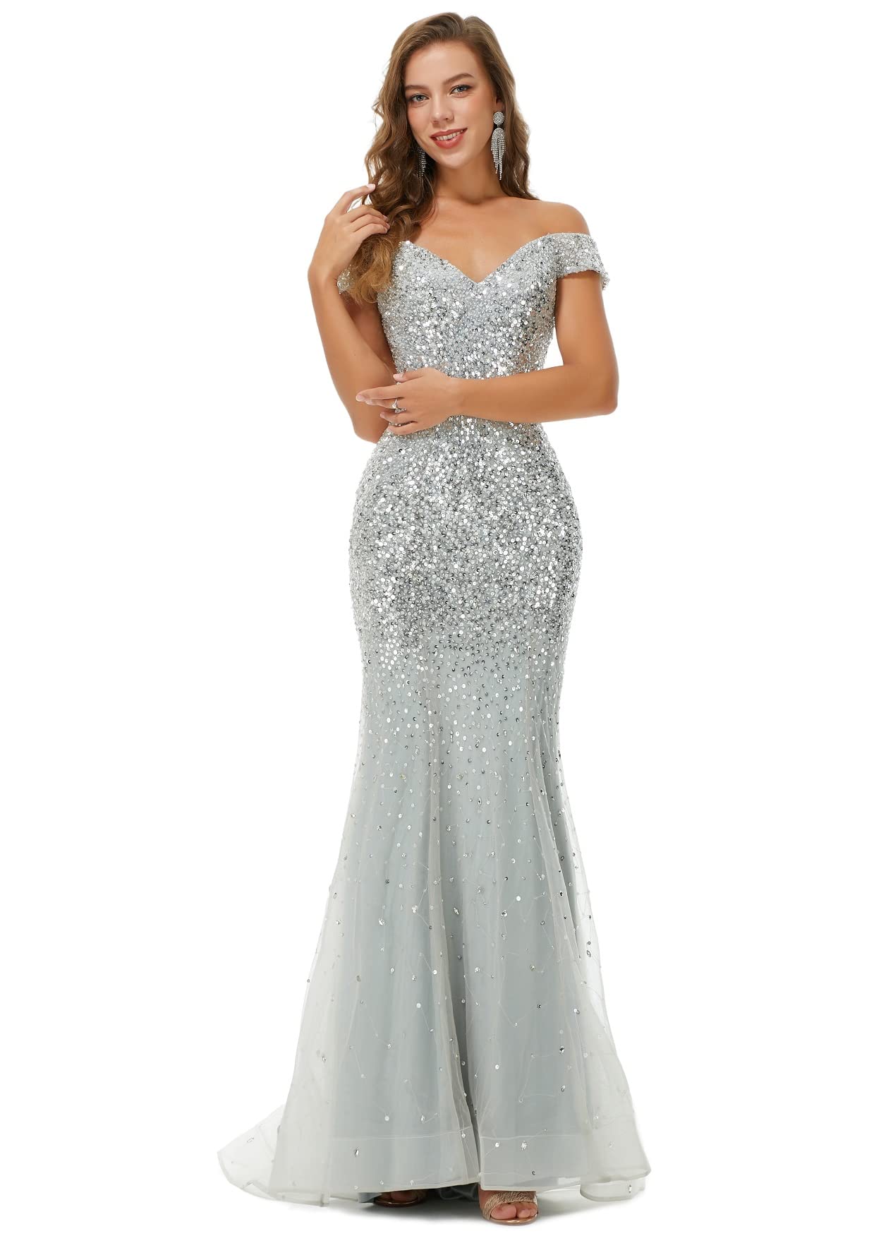 LYKYCYFG Elegant Off Shoulder Mermaid Evening Dress with Silver Beads - Trumpet Formal Prom Gown for Women | Perfect for Wedding, Cocktail Party, Red Carpet & Special Occasions