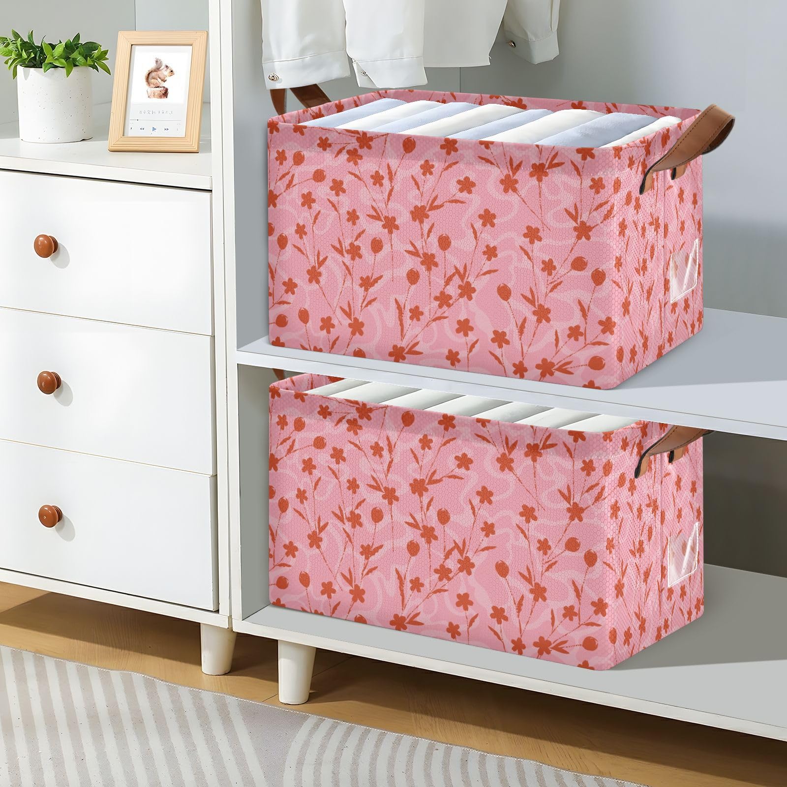 Red Floret Collapsible Fabric Storage Baskets with Handles - 2 Pack Foldable Home Organizer Boxes for Makeup, Books, Toys & Shelves | Perfect for Living Room, Bedroom & Office Organization