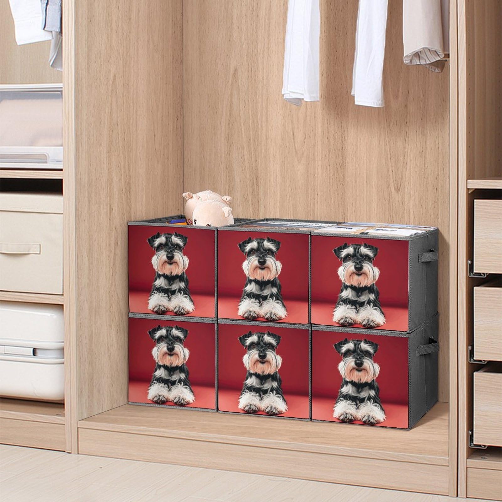 6-Pack Collapsible Storage Bins with Handles - Cute Schnauzer Dog Pattern Foldable Organizing Baskets for Home, Closet, Shelves & Office Organization - Space Saving Storage Boxes for Toys, Books & Household Items