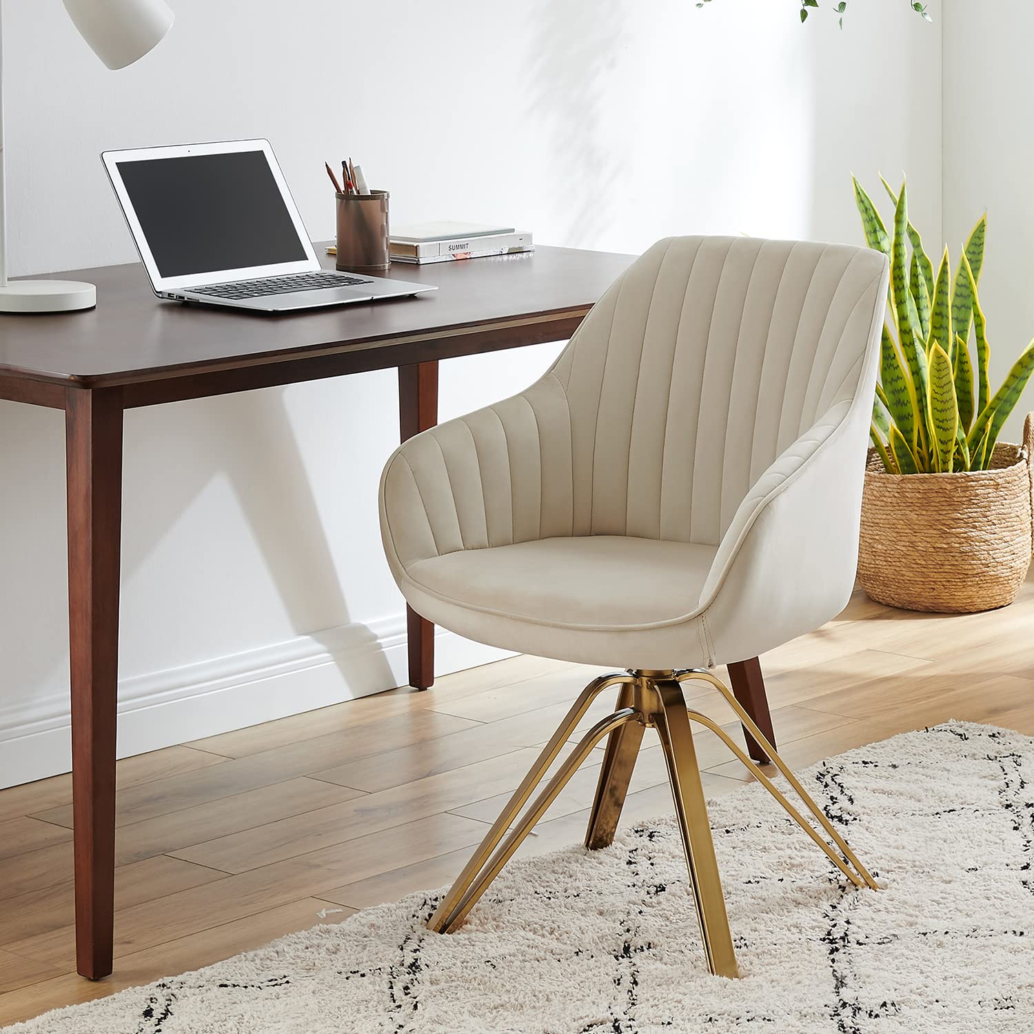 Volans Mid Century Modern Desk Chair - No Wheels Upholstered Swivel Accent Chair with Hollow Brushed Gold Legs - Office Chair for Home Office, Bedroom & Study - Comfortable Seating for Work & Relaxation - Off White