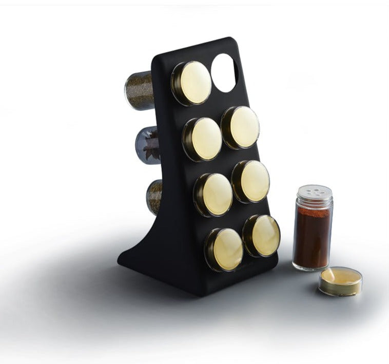 Premium 8-Jar Spice Rack with Brass Finish Lids - Perfect for Kitchen Organization & Spice Storage | Ideal for Home Chefs & Cooking Enthusiasts